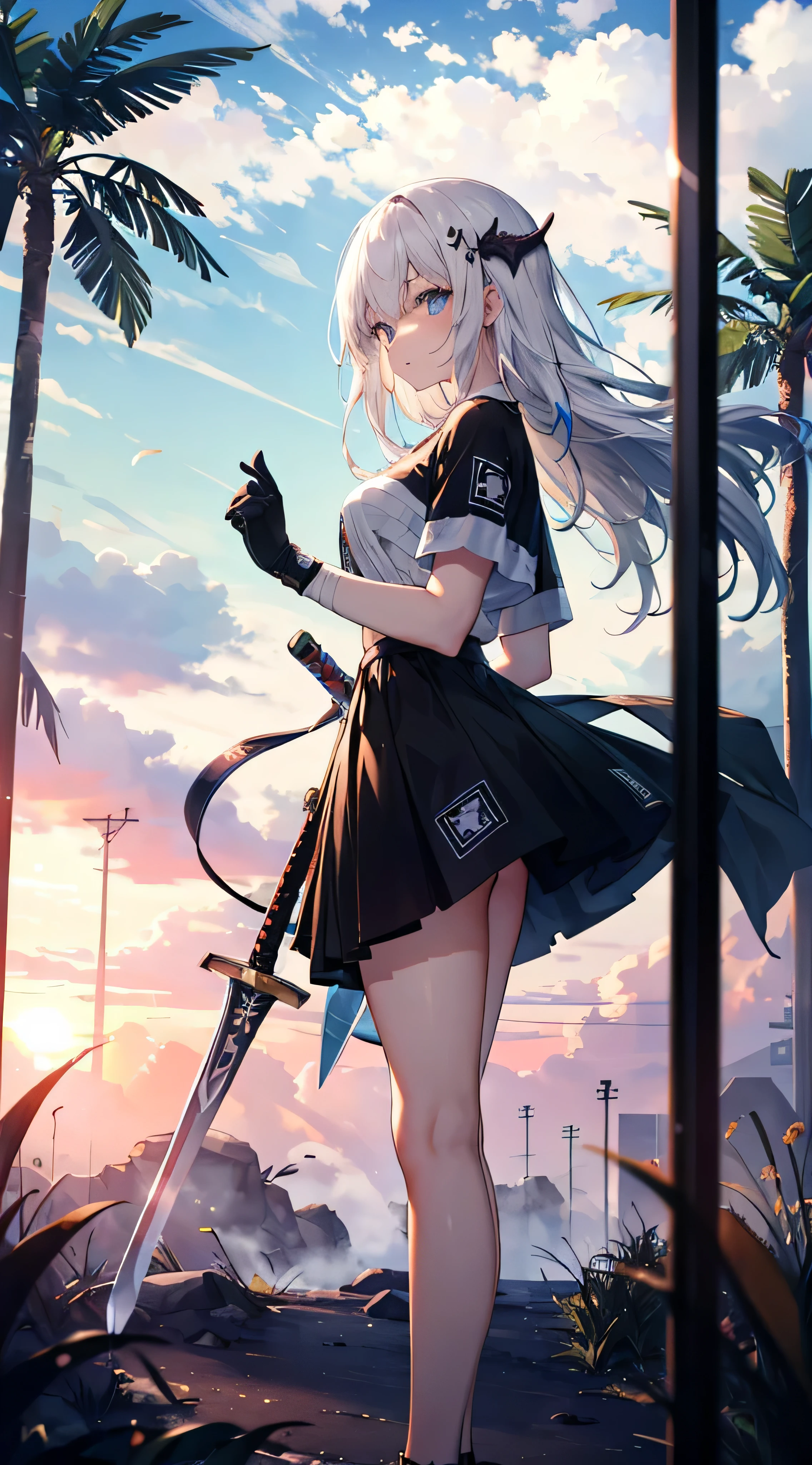 masterpiece, 8K, high resolution, ultra sharpness, ultra detail, best quality, best color selection, ray tracing, depth of field, in the wasteland, full of fog, white misty theme, swords stuck in the ground everywhere, dark theme, sunset, gradient sky, 1girl , young girl, standing, looking up, white hair, long hair, bright blue eyes, black flower hair ornament, carrying a sword, fov from the side of the character, hands sticking up, wearing white T - shirt only, legs full of bandages, shadow The dragon surrounds the girl