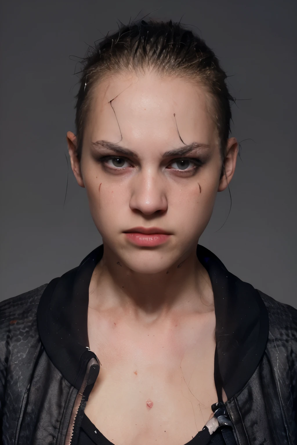 (scar on face) bad girl (angry face, expressing anger and hatred) 15 year old girl (woman wearing a jacket). woman with shaved hair, punk, fitness, tall and thin. villain. she is evil, wide eyes, black eyes, thin lips. bony face, thin, fitness, athletic, prominent veins, prominent veins, apparent nerves, prominent nerves, apparent tendons. (white background). (sweaty body) (scar on face, cuts on face, claw marks on face) black clothes, gray t-shirt, jacket, coat.