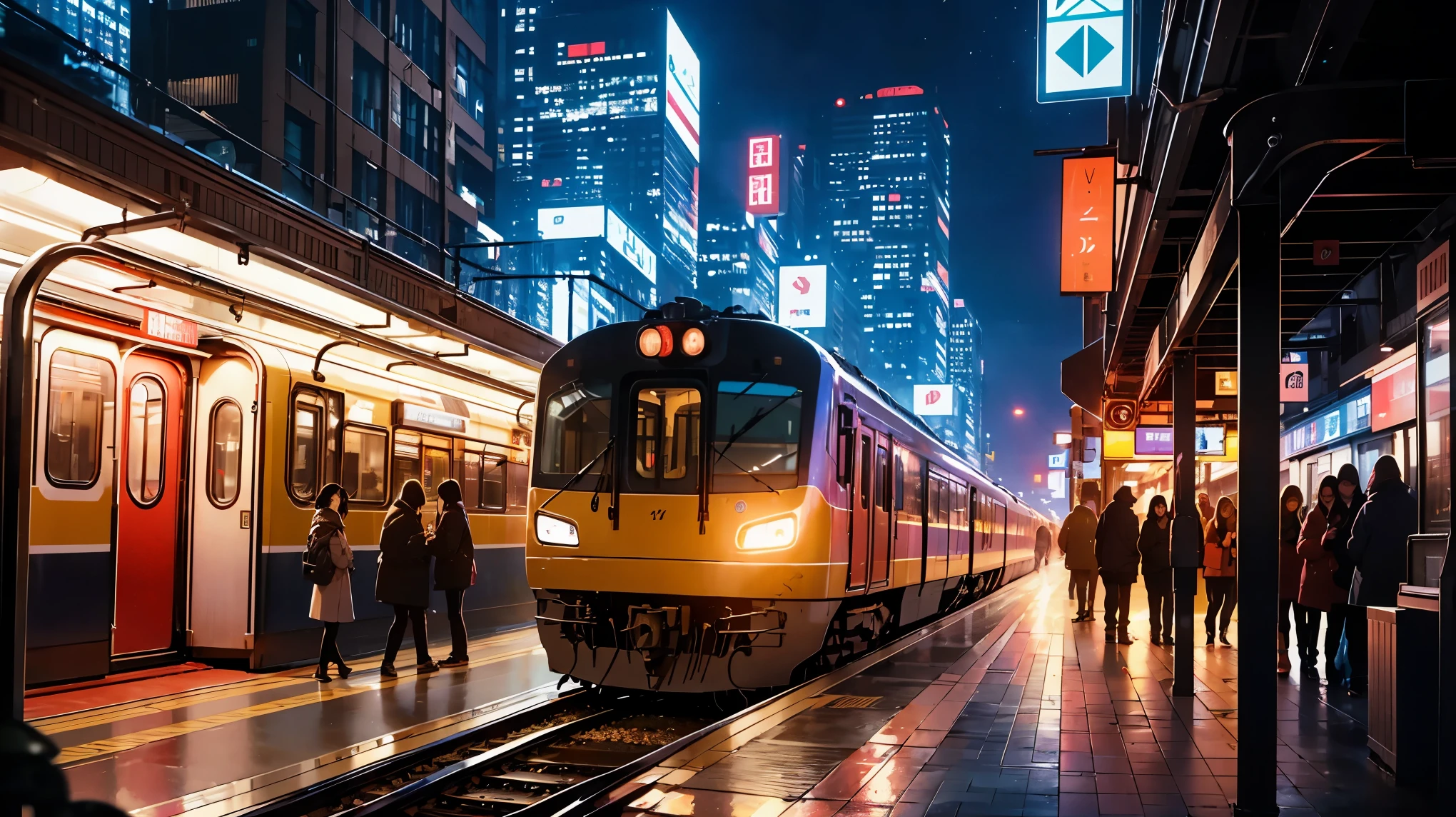 High resolution, Super fine, real, Station scenery, An illustration, oil, night view, beautiful cityscape, Bright colors, shining light, Glowing windows, passing train, subway platform, Inorganic space, Electronic bulletin board, passing train, person waiting at home, blurry movement, soft shadow, lively atmosphere,