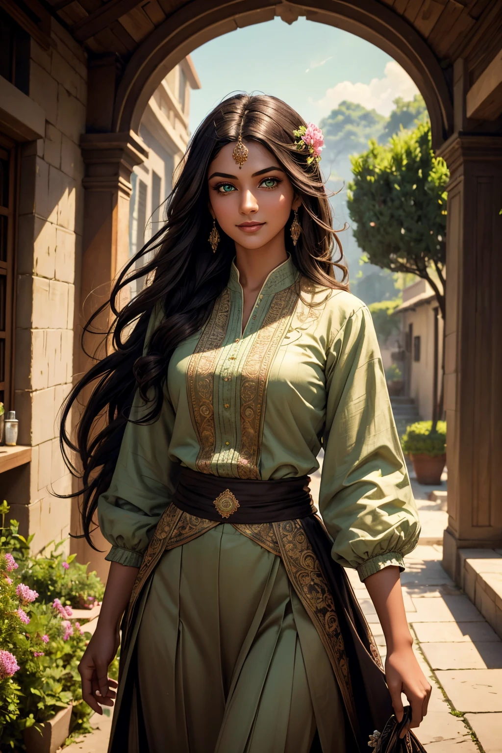 A stunning Indian beauty, with dark brown-black long wavy long hair, with mesmerizing feature with a Hopeful smiling expression, finely detailed eyes, happy mood masterpiece, top quality, best quality, official art, beautiful and aesthetic:1.2), (1girl), extreme detailed,(fractal art:1.3), colorful, highest detailed, (masterpiece, best quality:1.3) 1 bright-green-eyed woman, professional digital painting, Unreal Engine 5. In a 1920 setting, holding lavender flowers at a Lavender flower farm, wearing 1930 style clothing, South-Indian woman, olive-skinned woman, masterpiece, top quality, best quality, official art, beautiful and aesthetic:1.2), (1girl), extreme detailed,(fractal art:1.3), colorful, highest detailed, (masterpiece, best quality:1.3) 1 green-eyed woman, professional digital painting, Unreal Engine 5. Wearing embroidered linen blouse, Wearing long pleated skirt, Wearing Moleskin Field Jacket. Long hair, hopeful expression, finely detailed eyes, smiling, epic scene, epic composition, Cinematic Lighting, Volumetric Lighting, ethereal light, intricate details, extremely detailed volumetric rays. Green Eyes. [Beautiful girl, linen shirt and pants, oil painting, Detailed facial features, Sunlight, bright colors, dramatic lighting, expressive eyes and lips, High Resolution, 4K quality, Photorealistic] 1920 clothing, 1930 clothing,
