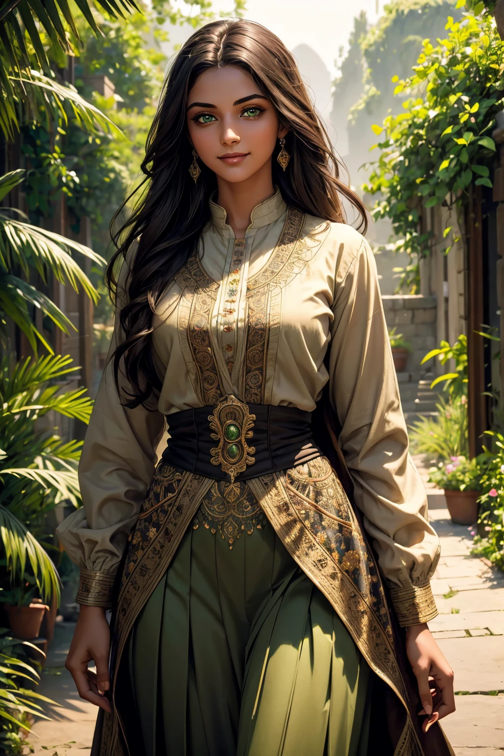 A stunning Indian beauty, with dark brown-black long wavy long hair, with mesmerizing feature with a Hopeful smiling expression, finely detailed eyes, happy mood masterpiece, top quality, best quality, official art, beautiful and aesthetic:1.2), (1girl), extreme detailed,(fractal art:1.3), colorful, highest detailed, (masterpiece, best quality:1.3) 1 bright-green-eyed woman, professional digital painting, Unreal Engine 5. In a 1920 setting, holding lavender flowers at a Lavender flower farm, wearing 1930 style clothing, South-Indian woman, olive-skinned woman, masterpiece, top quality, best quality, official art, beautiful and aesthetic:1.2), (1girl), extreme detailed,(fractal art:1.3), colorful, highest detailed, (masterpiece, best quality:1.3) 1 green-eyed woman, professional digital painting, Unreal Engine 5. Wearing embroidered linen blouse, Wearing long pleated skirt, Wearing Moleskin Field Jacket. Long hair, hopeful expression, finely detailed eyes, smiling, epic scene, epic composition, Cinematic Lighting, Volumetric Lighting, ethereal light, intricate details, extremely detailed volumetric rays. Green Eyes. [Beautiful girl, linen shirt and pants, oil painting, Detailed facial features, Sunlight, bright colors, dramatic lighting, expressive eyes and lips, High Resolution, 4K quality, Photorealistic] 1920 clothing, 1930 clothing,
