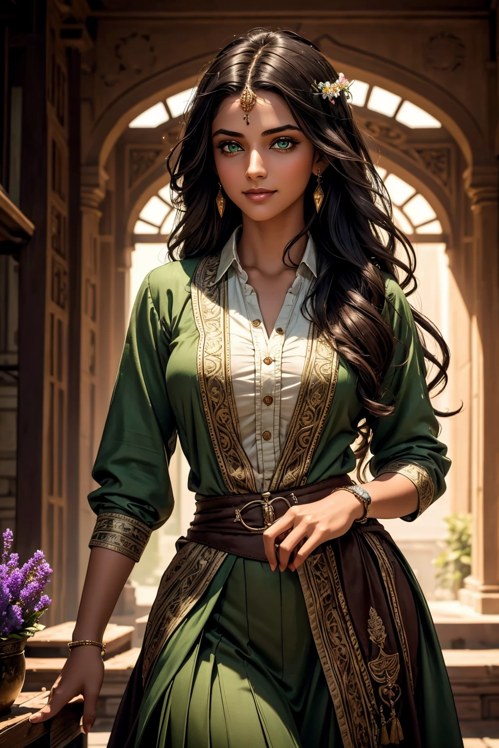 A stunning Indian beauty, with dark brown-black long wavy long hair, with mesmerizing feature with a Hopeful smiling expression, finely detailed eyes, happy mood masterpiece, top quality, best quality, official art, beautiful and aesthetic:1.2), (1girl), extreme detailed,(fractal art:1.3), colorful, highest detailed, (masterpiece, best quality:1.3) 1 bright-green-eyed woman, professional digital painting, Unreal Engine 5. In a 1920 setting, holding lavender flowers at a Lavender flower farm, wearing 1930 style clothing, South-Indian woman, olive-skinned woman, masterpiece, top quality, best quality, official art, beautiful and aesthetic:1.2), (1girl), extreme detailed,(fractal art:1.3), colorful, highest detailed, (masterpiece, best quality:1.3) 1 green-eyed woman, professional digital painting, Unreal Engine 5. Wearing embroidered linen blouse, Wearing long pleated skirt, Wearing Moleskin Field Jacket. Long hair, hopeful expression, finely detailed eyes, smiling, epic scene, epic composition, Cinematic Lighting, Volumetric Lighting, ethereal light, intricate details, extremely detailed volumetric rays. Green Eyes. [Beautiful girl, linen shirt and pants, oil painting, Detailed facial features, Sunlight, bright colors, dramatic lighting, expressive eyes and lips, High Resolution, 4K quality, Photorealistic] 1920 clothing, 1930 clothing,
