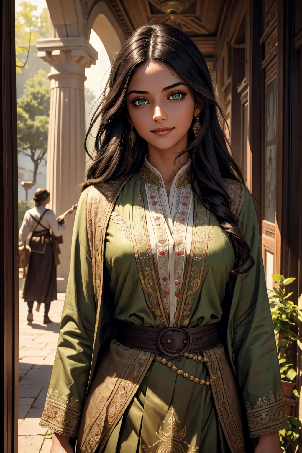 A stunning Indian beauty, with dark brown-black long wavy long hair, with mesmerizing feature with a Hopeful smiling expression, finely detailed eyes, happy mood masterpiece, top quality, best quality, official art, beautiful and aesthetic:1.2), (1girl), extreme detailed,(fractal art:1.3), colorful, highest detailed, (masterpiece, best quality:1.3) 1 bright-green-eyed woman, professional digital painting, Unreal Engine 5. In a 1920 setting, holding lavender flowers at a Lavender flower farm, wearing 1930 style clothing, South-Indian woman, olive-skinned woman, masterpiece, top quality, best quality, official art, beautiful and aesthetic:1.2), (1girl), extreme detailed,(fractal art:1.3), colorful, highest detailed, (masterpiece, best quality:1.3) 1 green-eyed woman, professional digital painting, Unreal Engine 5. Wearing embroidered linen blouse, Wearing long pleated skirt, Wearing Moleskin Field Jacket. Long hair, hopeful expression, finely detailed eyes, smiling, epic scene, epic composition, Cinematic Lighting, Volumetric Lighting, ethereal light, intricate details, extremely detailed volumetric rays. Green Eyes. [Beautiful girl, linen shirt and pants, oil painting, Detailed facial features, Sunlight, bright colors, dramatic lighting, expressive eyes and lips, High Resolution, 4K quality, Photorealistic] 1920 clothing, 1930 clothing,
