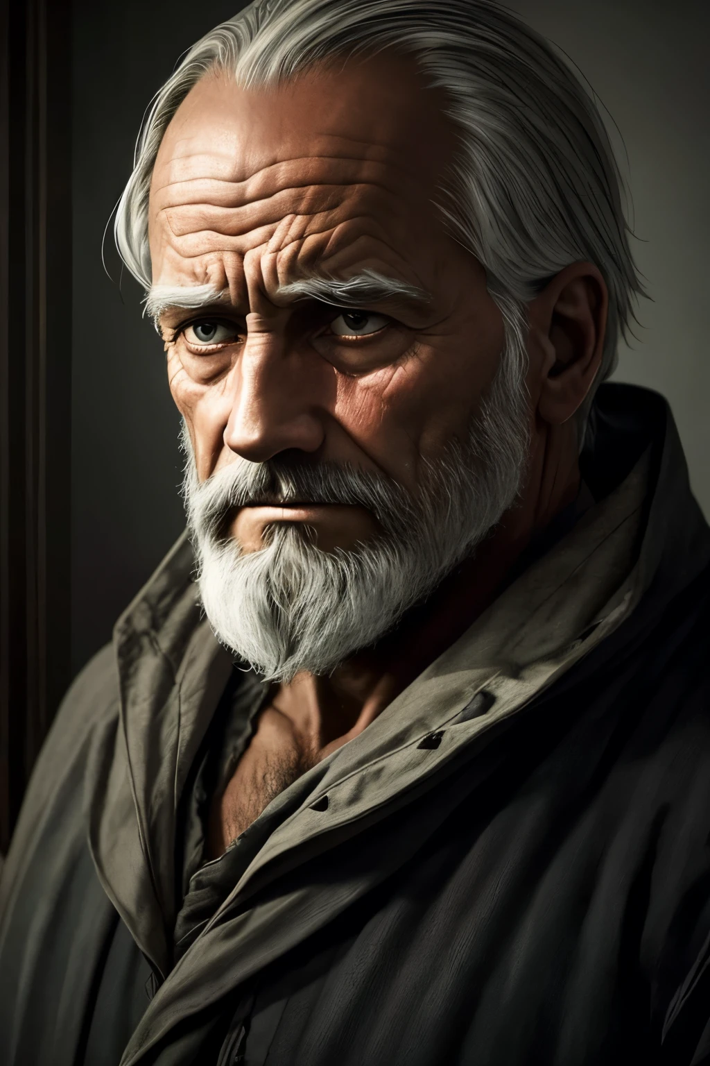 A hauntingly melancholic portrait of a man with permanent misfortune, aged 50, deep-set eyes shrouded in sadness, lined with fine wrinkles and concern. His unkempt salt-and-pepper beard frames a wistful, near-transparent expression. In the dimly lit room, the mood is somber, with a faint glow from a single, flickering candle. The contrast is stark, the shadows elongated and the colors muted. AWD Verified, High-Definition, Hyperrealistic, Photorealistic, Digital Art, Moody, Journey, Narrative, Semi-Abstract, Expressionist, 4
