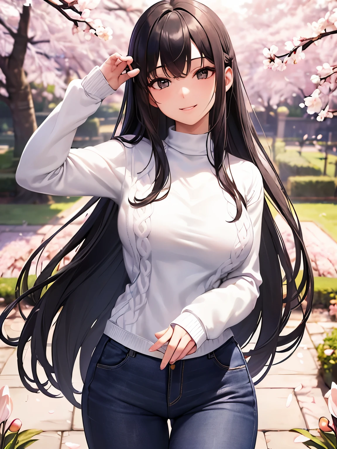 ((masterpiece, Best Quality)), ((hight resolution)), (photos realistic), Best Shadow, high detailing, Very detailed, (nice hand, Perfect hands), (Face Focus:1.2), ((1 girl)), Beautiful Girl, 18 years old, (black long Hair:1.5), (normal breasts:1.3), (view from front), (Very slender:1.3), (Cute face:1.3), (look at viewer:1.4), detailed facial features,droopy eyes, Crisp focus, perfect beautiful body and face, Perfectly focused, Long bangs, (in the garden:1.4), (enchanting smile:1.5), (black eyes), (white sweater:1.5), standing, ((cherry blossom:1.4)), spring, windy, (blue jeans:1.3)