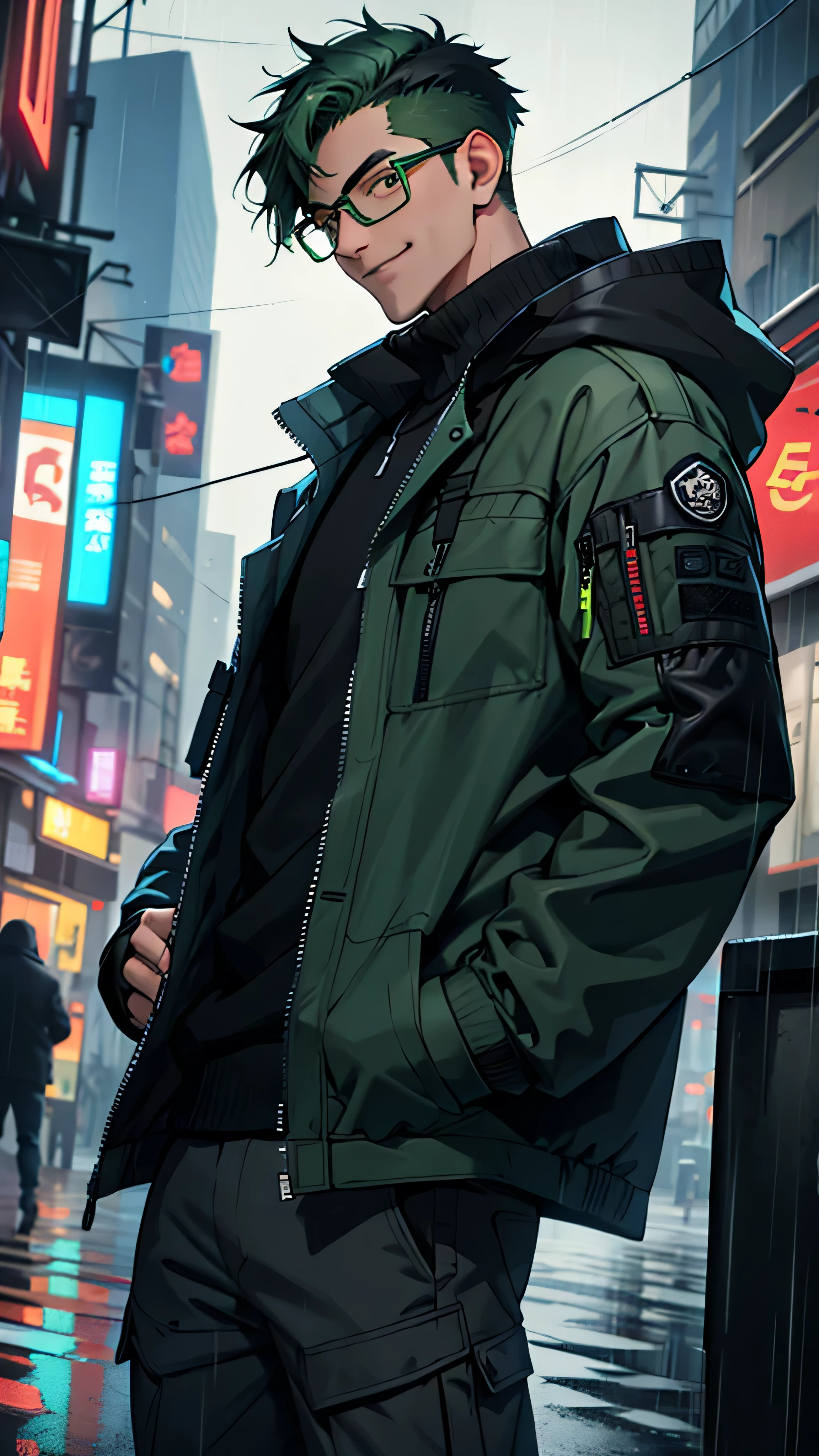 1 person,Tactical Jacket,City of night,rain,put your hands in your pockets,black hair, tactical clothing、green hair、、black glasses、smile