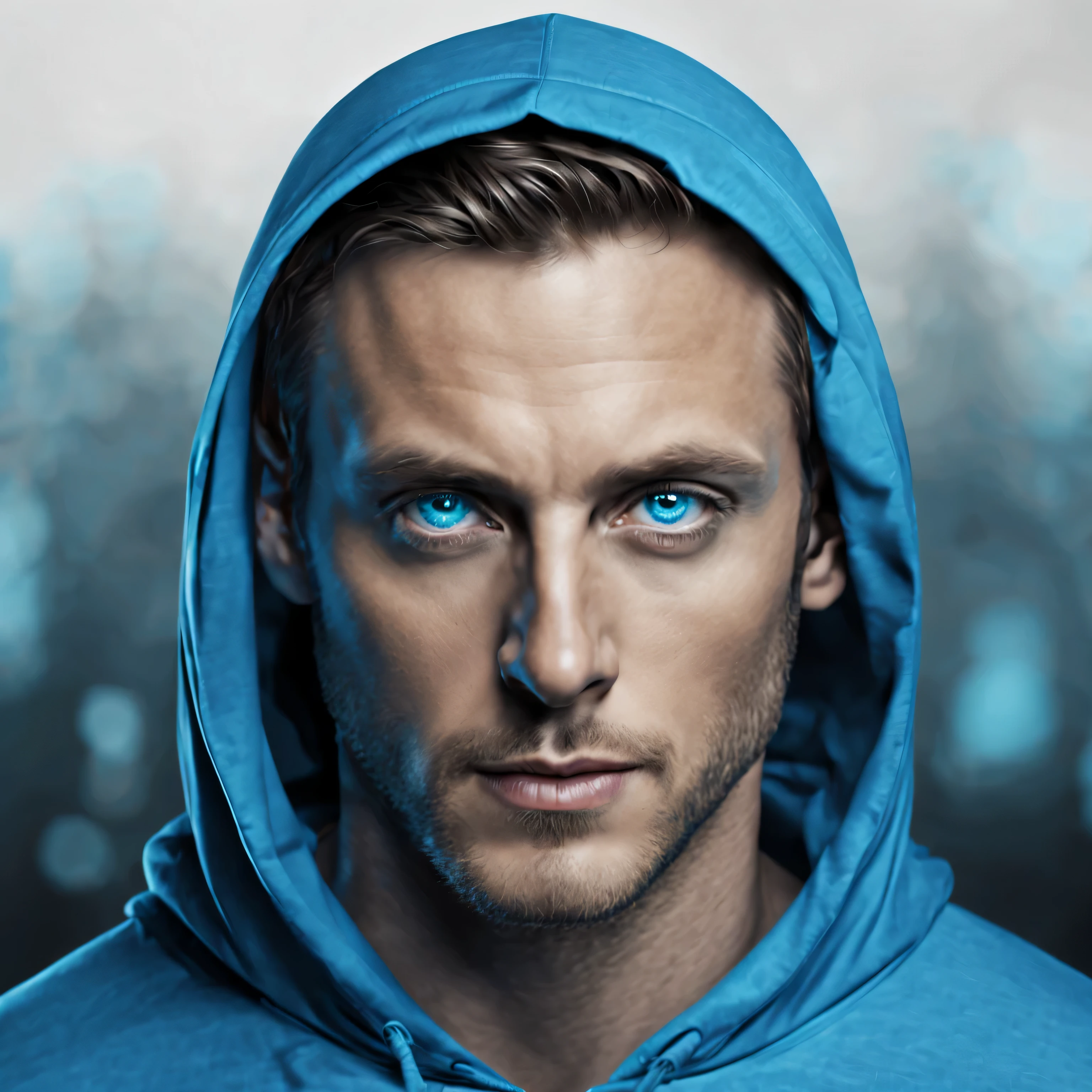 A man from the front, high quality, realistic, ultra realistic, wearing a long sleeved blue shirt with black details, hooded, bright blue eyes, with effects, dj