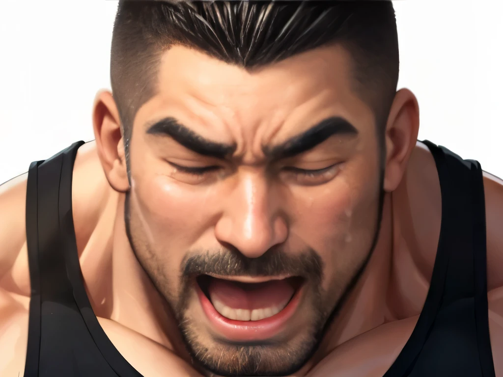 (highest quality:1.5), (masterpiece:1.5), night, (simple background:1.2), 1 man, (Japanese:1.2), crew cut, [short beard:0.9], hot guy, (macho:1.3), (huge body:1.5), 35 years old, (black tank top:1.2), (Are crying:1.2), (close-up face:1.1), eyes tightly closed, (mouth open:1.4), looking at the camera