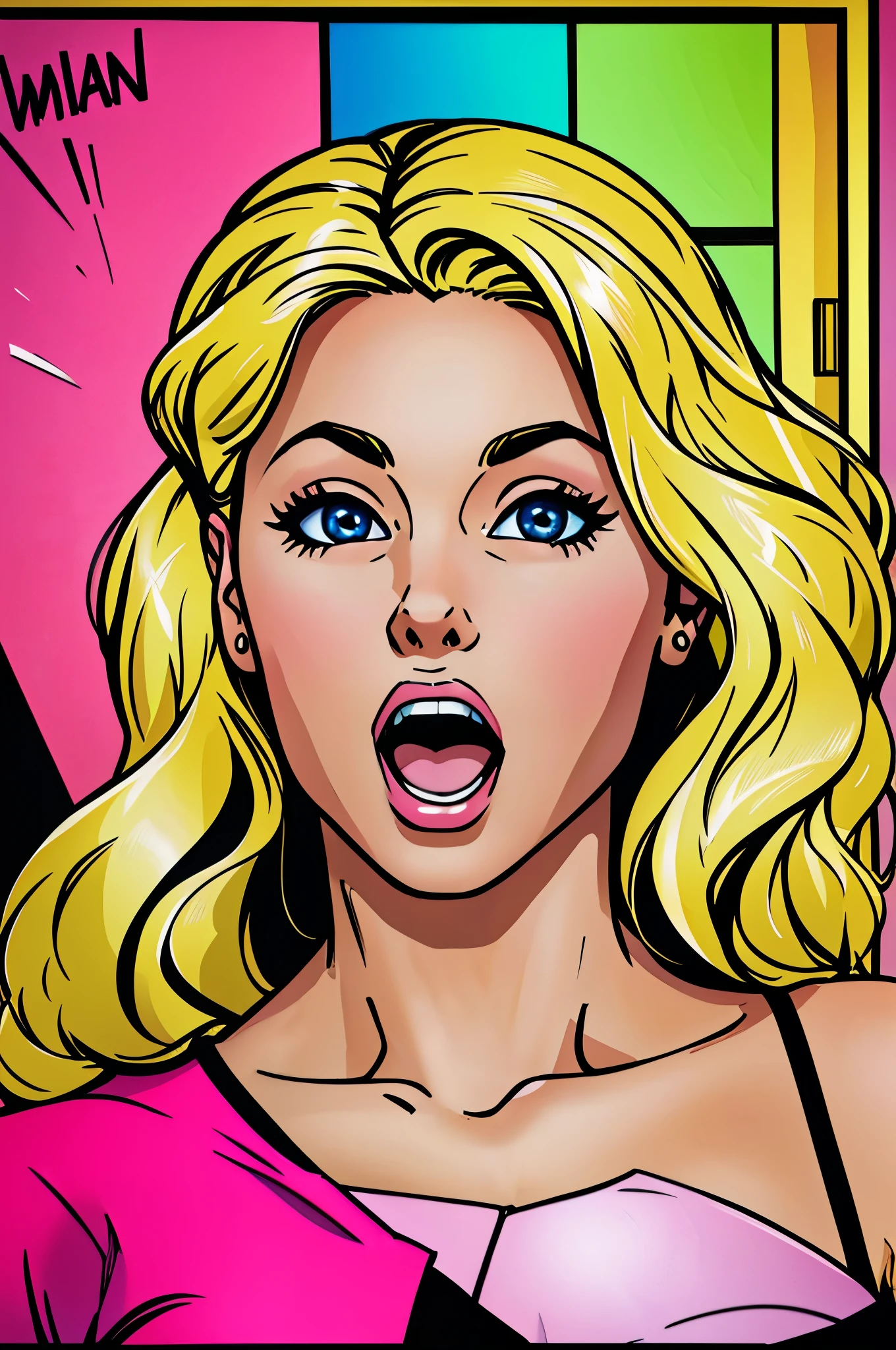 masterpiece, best quality, extremely detailed, pop art, hyperrealistic, photorealistic, a pretty woman, blond hair, happy, surprised:1.1, open mouth, pink tops, speech bubble
