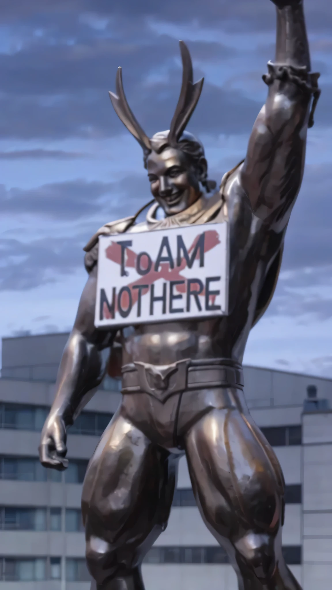 bronze statue smiling, white sign, cloudy, building