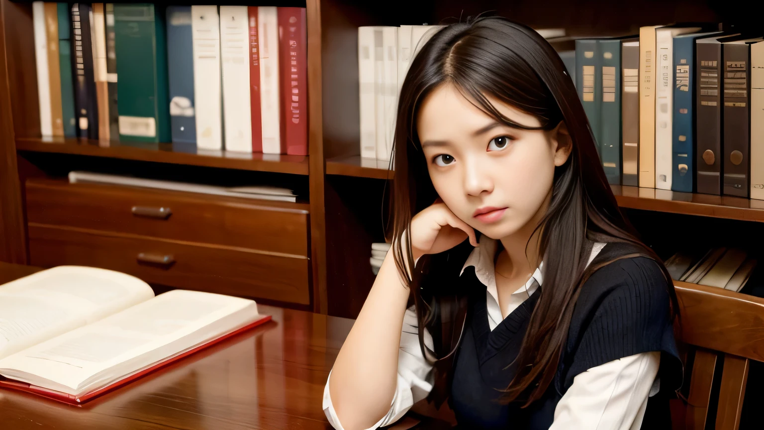 study,bookshelf,girl sitting at the table,scared expression,office