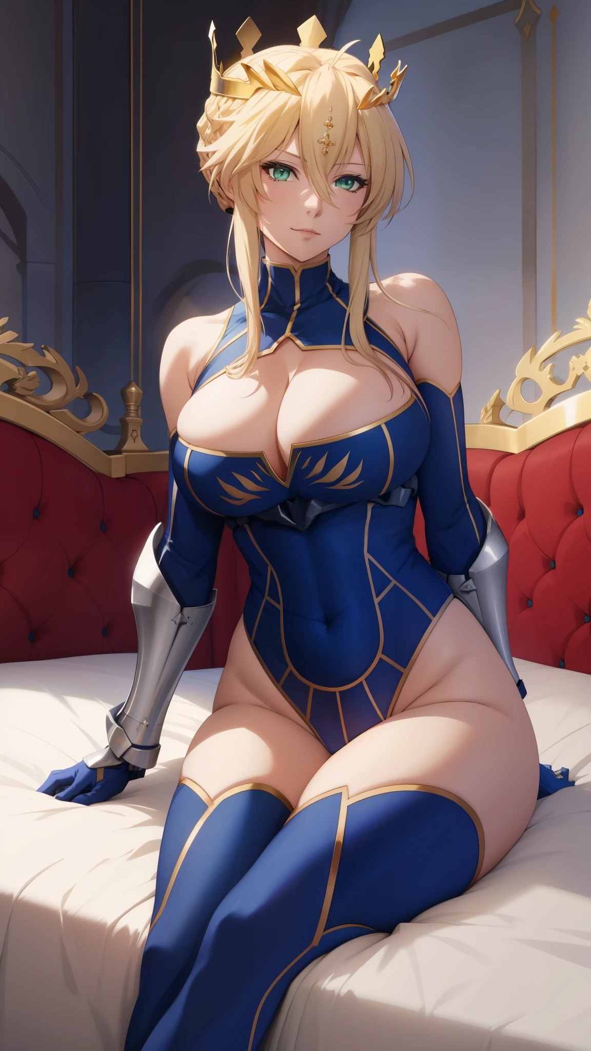 (best quality, highres), portrait, artoria pendragon lancer, adult woman, green eyes, artoriaLancer, braid, crown, turtleneck, cleavage cutout, sleeveless, blue leotard, gauntlets, royal bed, sit on bed, seductive look, ultra detailed