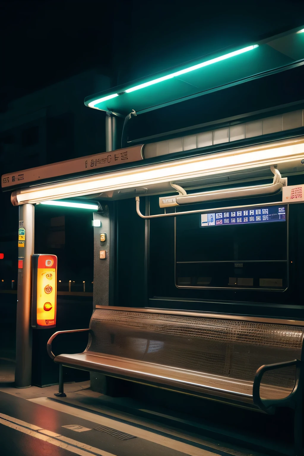 there is a bus stop with a bench and a street light, dark city bus stop, Peripheral LED lights, cyberpunk bus stop, metro station, bus station, bus stop, soviet bus stop, monorail station, illumination, lined with neon tubes, Illuminated street signs