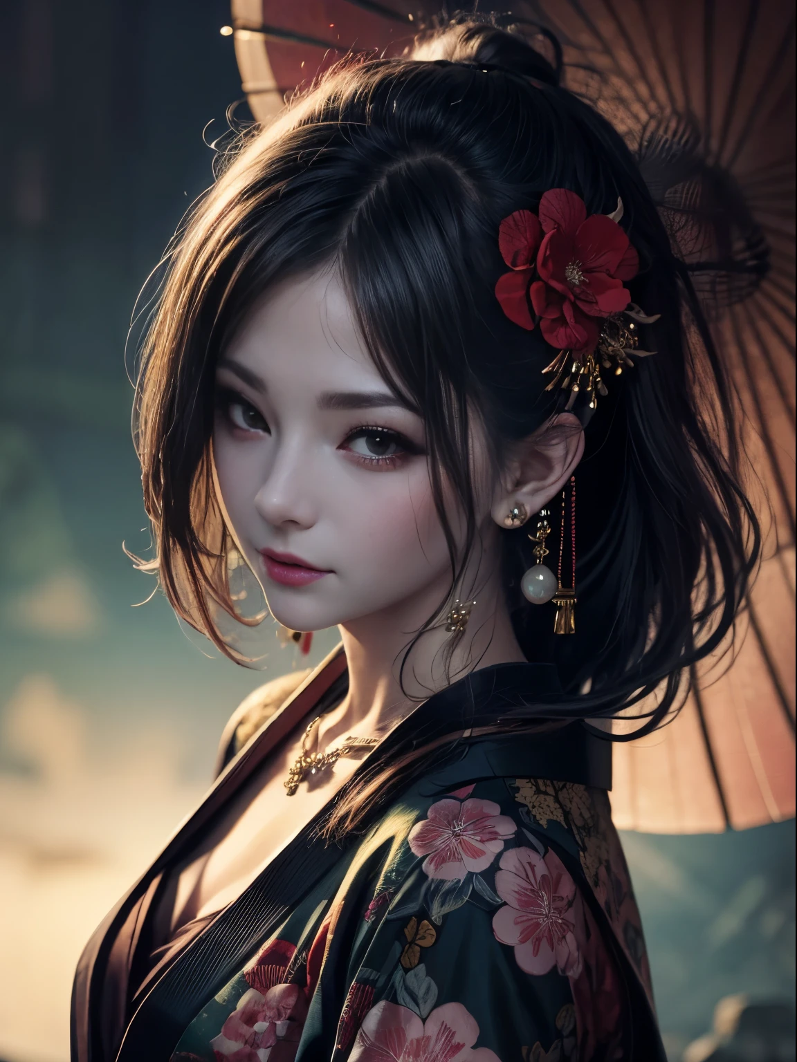 highest quality,master piece:1.2,Detailed details,(highly detailed face,real photos,realistic skin,realistic body,intricate details),solo,1 milf,casual,Ukiyo-e,(watercolor:1.3),Oiran, whole body , flashy hair ornament , bright background , jeweled kimono ,