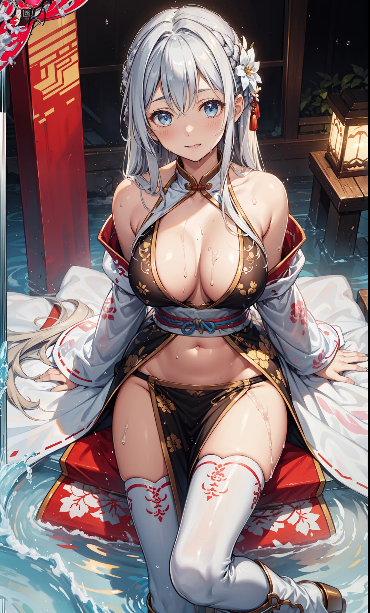 top quality,best resolution,(Drenched white long cheongsam),Super detailed, She has a white twin tail,20-year-old young girl,charm,Design intricate clothes,blue eyes,Vision,Elegant and charming,Mildly curvy figure,((White soft transparent boots)),((Wet people,The background is an ancient Chinese hot spring)),night,little lighting,charm的姿势