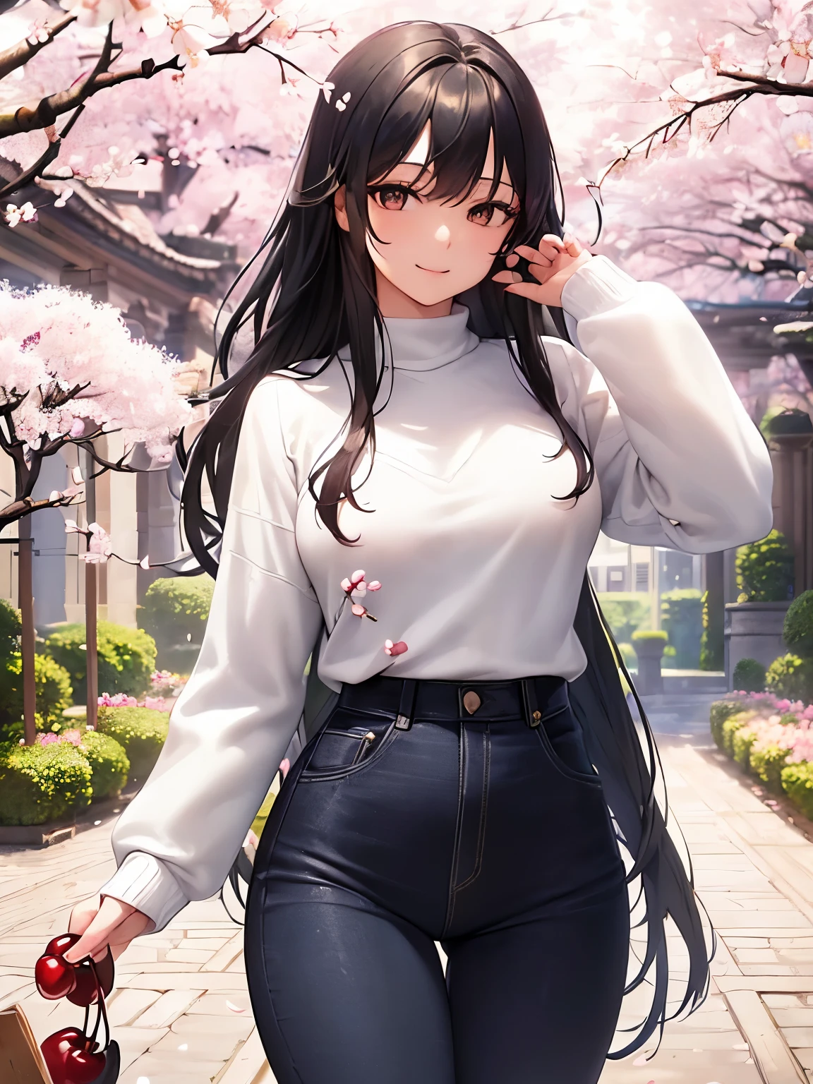 ((masterpiece, Best Quality)), ((hight resolution)), (photos realistic), Best Shadow, high detailing, Very detailed, (nice hand, Perfect hands), (Face Focus:1.2), ((1 girl)), Beautiful Girl, 18 years old, (black long Hair:1.5), (small breasts:1.3), (view from front), (Very slender:1.3), (Cute face:1.3), (look at viewer:1.4), detailed facial features,droopy eyes, Crisp focus, perfect beautiful body and face, Perfectly focused, Long bangs, (in the garden:1.4), (enchanting smile:1.5), (black eyes), (white sweater:1.5), standing, ((cherry blossom:1.4)), spring, windy, (blue jeans:1.3)