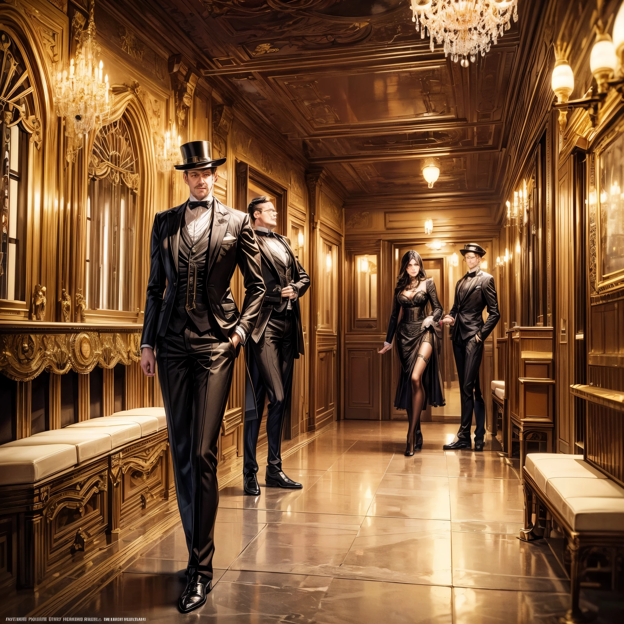 (best quality,4k,8k,highres,masterpiece:1.2),ultra-detailed,(realistic,photorealistic,photo-realistic:1.37),steam punk,a luxurious Train Station,spotlessly clean,several steam punk entertainment gadgets are present,golden steam-powered machines,exquisite clockwork mechanisms,elaborate brass gears and cogs,steaming pipes and valves,ornate Victorian architecture,impeccably polished marble floors,vintage leather-upholstered seating,gleaming crystal chandeliers,elegant top hats and corsets,curved wrought-iron staircases,copper-clad ticket booths,an opulent waiting lounge with plush velvet seats,an old-fashioned ticket conductor standing at the platform,steam-powered trains arriving and departing with a majestic hissing sound,couples in elegant attire waiting to board the train,a sense of excitement and anticipation in the air,beautifully painted vintage train carriages,puffs of steam billowing from the engines,strategically placed gas lamps casting a warm glow,sounds of clinking tea cups and laughter from a nearby café,vivid colors of rich burgundy,deep emerald green,and shimmering gold,all perfectly illuminated by the soft natural light streaming through large stained glass windows,captured in a timeless moment of Victorian elegance and steam-powered marvels.