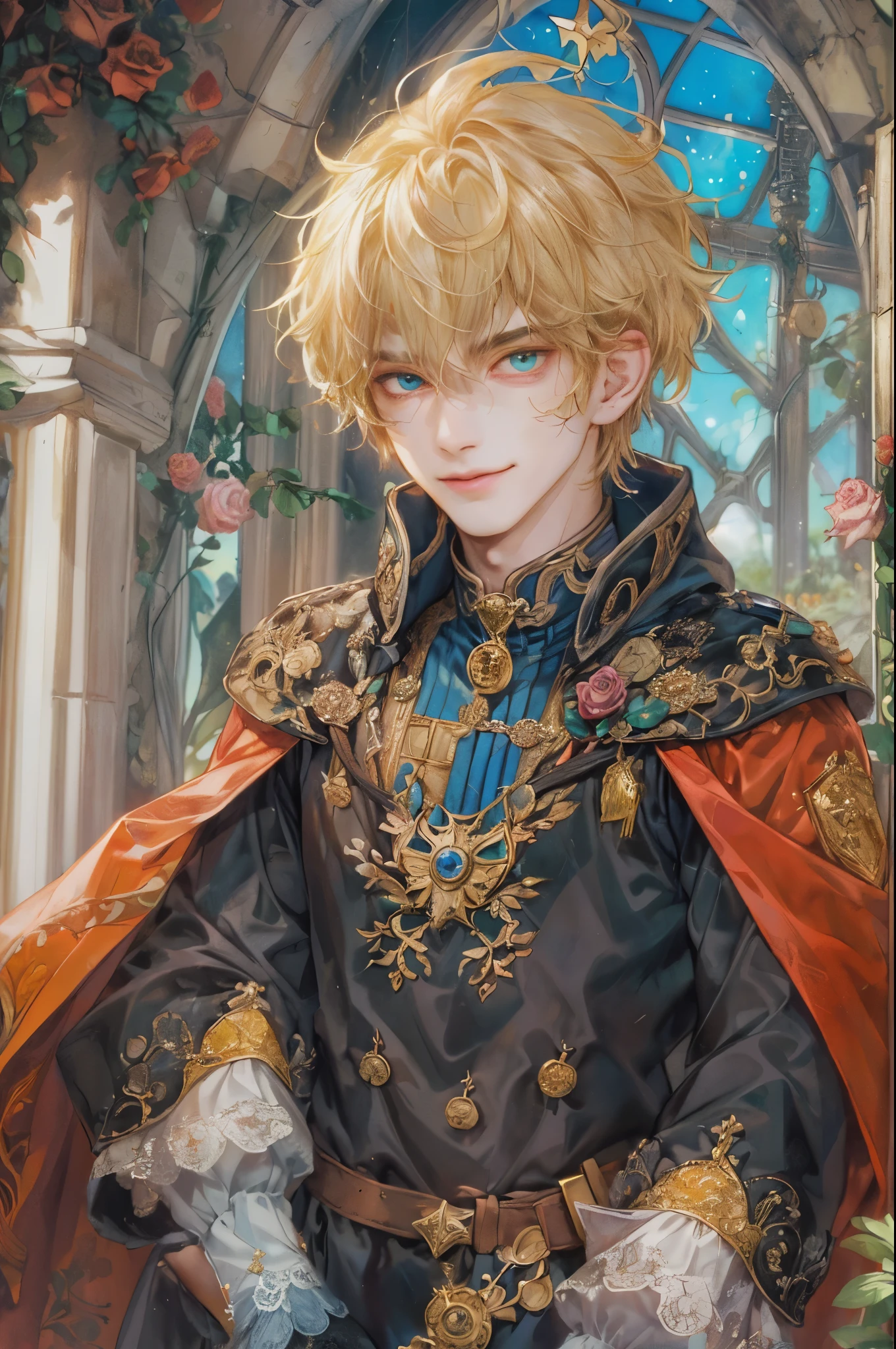((Best quality)), ((masterpiece)), (detailed), ((perfect face)), ((halfbody)) handsome face, male, teen boy, perfect proportions , a character from anime legend of mana teardrop crystal, green short hair, male version , peaceful church of domina scene, detailed church of domina background, detailed ghibli scenery background