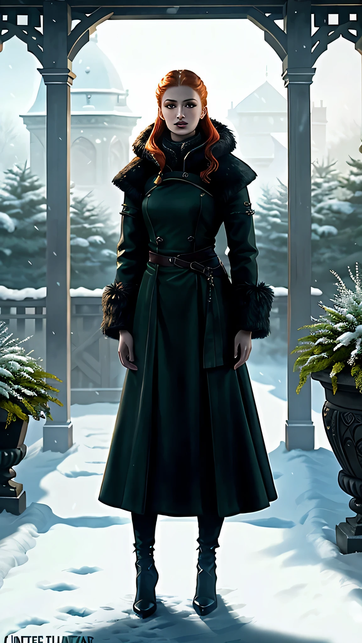 frostpunk, ((Sophie Turner)) as Sansa Stark, ginger hair bun, make-up, long dark green fur coat, high heels, earrings, rings, standing in the winter garden, 1woman, solo, beautiful detailed glow, detailed, cinematic light, intricate detail, realistic, highres, detailed facial features, high detail, sharp focus, smooth, aesthetic, extremely detailed, stamp, octane render