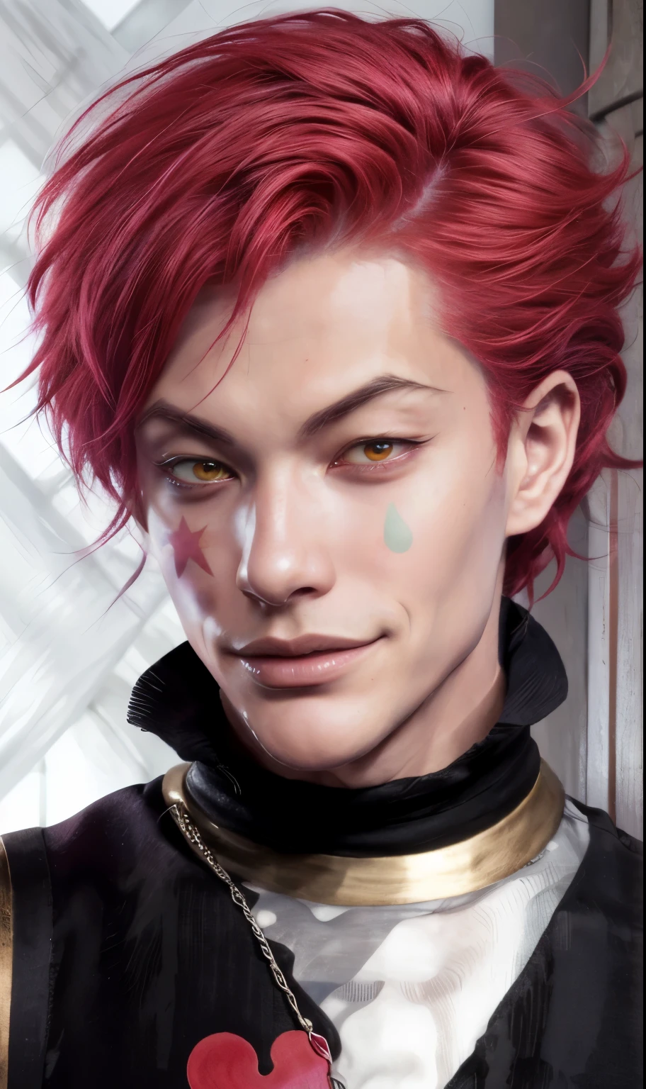 to base from this drawing, pink hair, shoulder length hair, pink hair, angled eyebrows, smirk, smile, smirking mouth, star on face, yellow eyes, sharp eyes, manly face, thin face, hisoka morrow, hisoka, magician, hunter x hunter, anime man, hisoka, man fron anime, looks exactly like hisoka, handsome man, asian man, handsome asian 