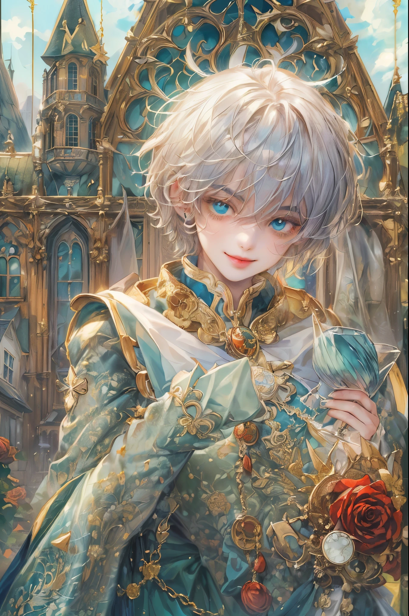(((absurdres, highres, ultra detailed, perfect face), 1 boy , front view, young boy, handsome boy villain character from magic knight reyearth, short hair, anime eyes, mage clothes with colorful details, eyes on the viewer, add red details to picture and smirk, dimples, extremely detailed CG unity 8k wallpaper, add blue details on side, intricate details and add yellow details on left, bit of rose ornaments, witch castle background, detailed houses town scenery window, tim Burton style theme