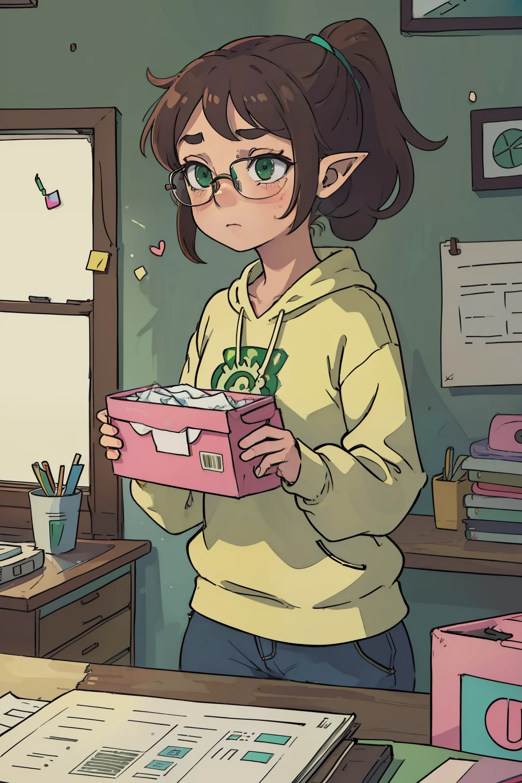 Beaming with a quirky charm, a sniffly-nosed elf with unruly brown hair and mesmerizing green eyes sat at a desk, clutching a box of tissues. A perpetual sneeze escaped her shadowheart as she peered through her steamed-up, rainbow-tinted spectacles.

(lofi) The studio was alive with warm, pulsating beats of lo-fi hip hop. A girl, her brow furrowed in concentration, hunched over her desk, her ponytail swaying as she blew her nose into a worn-out tissue. Her neon-lit room, with its flat, 2.5D decor, was adorned