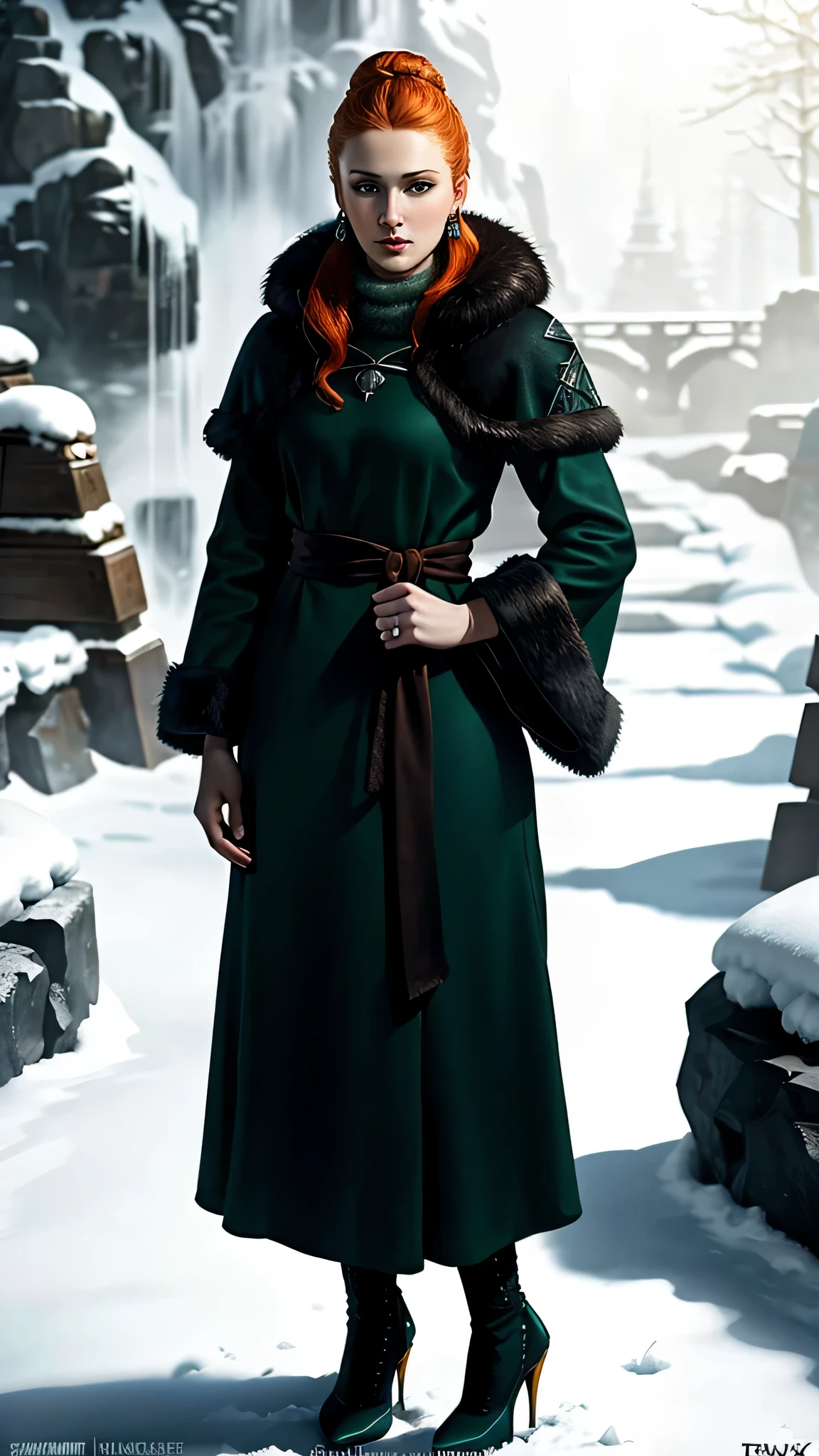 frostpunk, sks woman as Sansa Stark, ginger hair bun, make-up, long dark green fur coat, high heels, earrings, rings, standing in the winter garden, 1woman, solo, beautiful detailed glow, detailed, cinematic light, intricate detail, realistic, highres, detailed facial features, high detail, sharp focus, smooth, aesthetic, extremely detailed, stamp, octane render