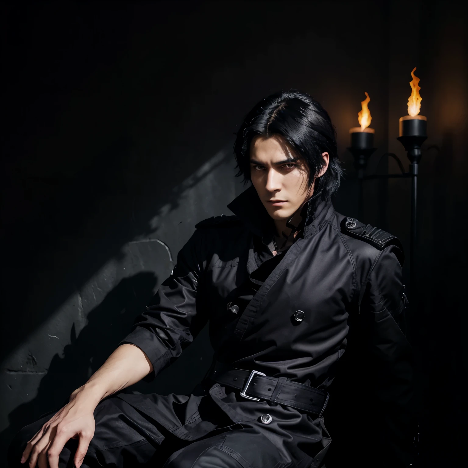 An anime style man with black hair and eyes feared and respected as the shadow monarch, a man who can control shadows at will , sitting on his fully black flame like shadow throne,with purple and black aura flowing from his right eye like a long skinny flame ,while wearing a more stylish modern high tech black and purple armor styled trench coat made out of flame like shadows