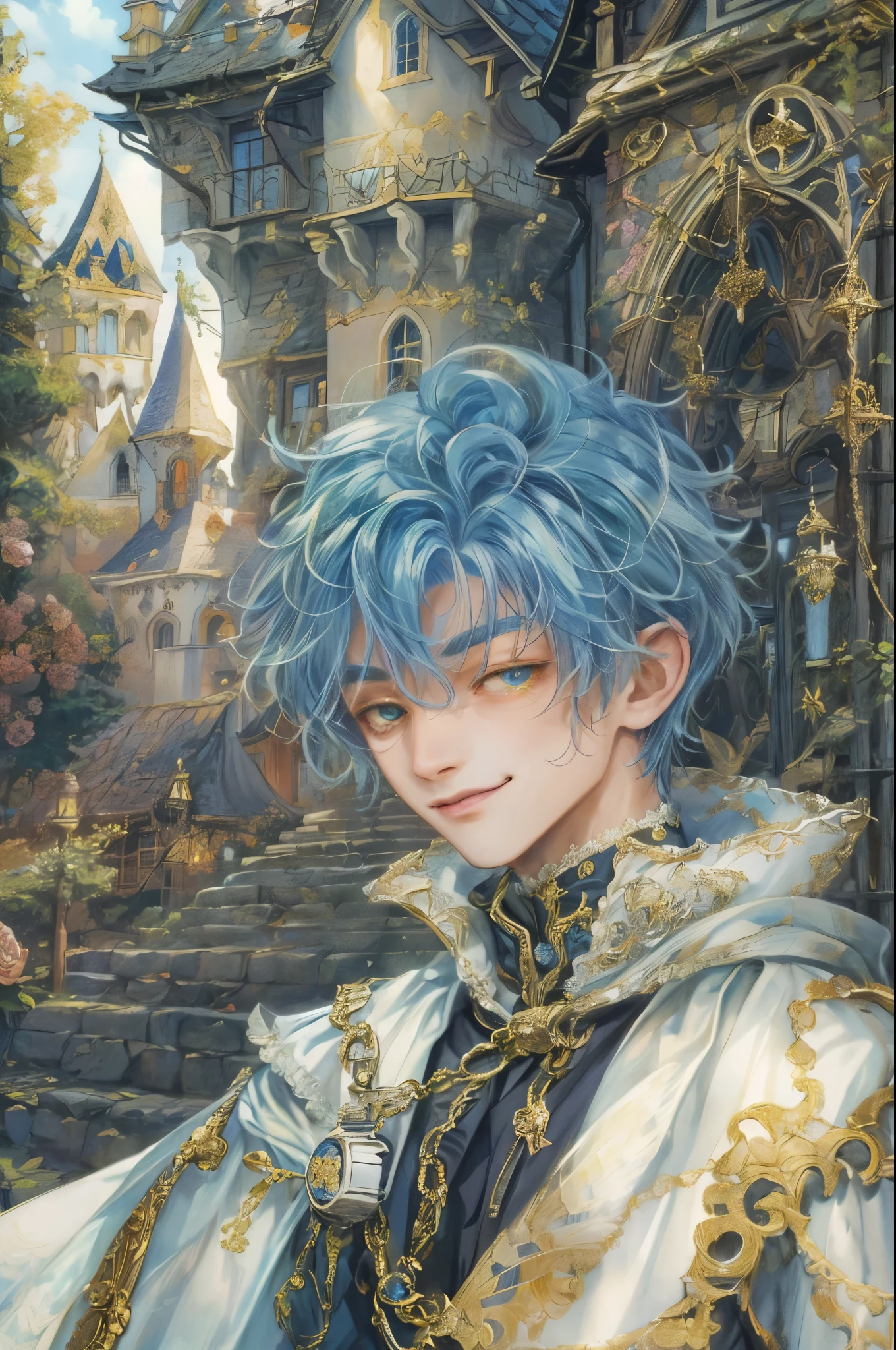 (((absurdres, highres, ultra detailed, perfect face), 1 boy , front view, young boy, handsome boy villain character from magic knight reyearth, short hair, anime eyes, mage clothes with colorful details, eyes on the viewer, add red details to picture and smirk, dimples, extremely detailed CG unity 8k wallpaper, add blue details on side, intricate details and add yellow details on left, bit of rose ornaments, witch castle background, detailed houses town scenery window, tim Burton style theme