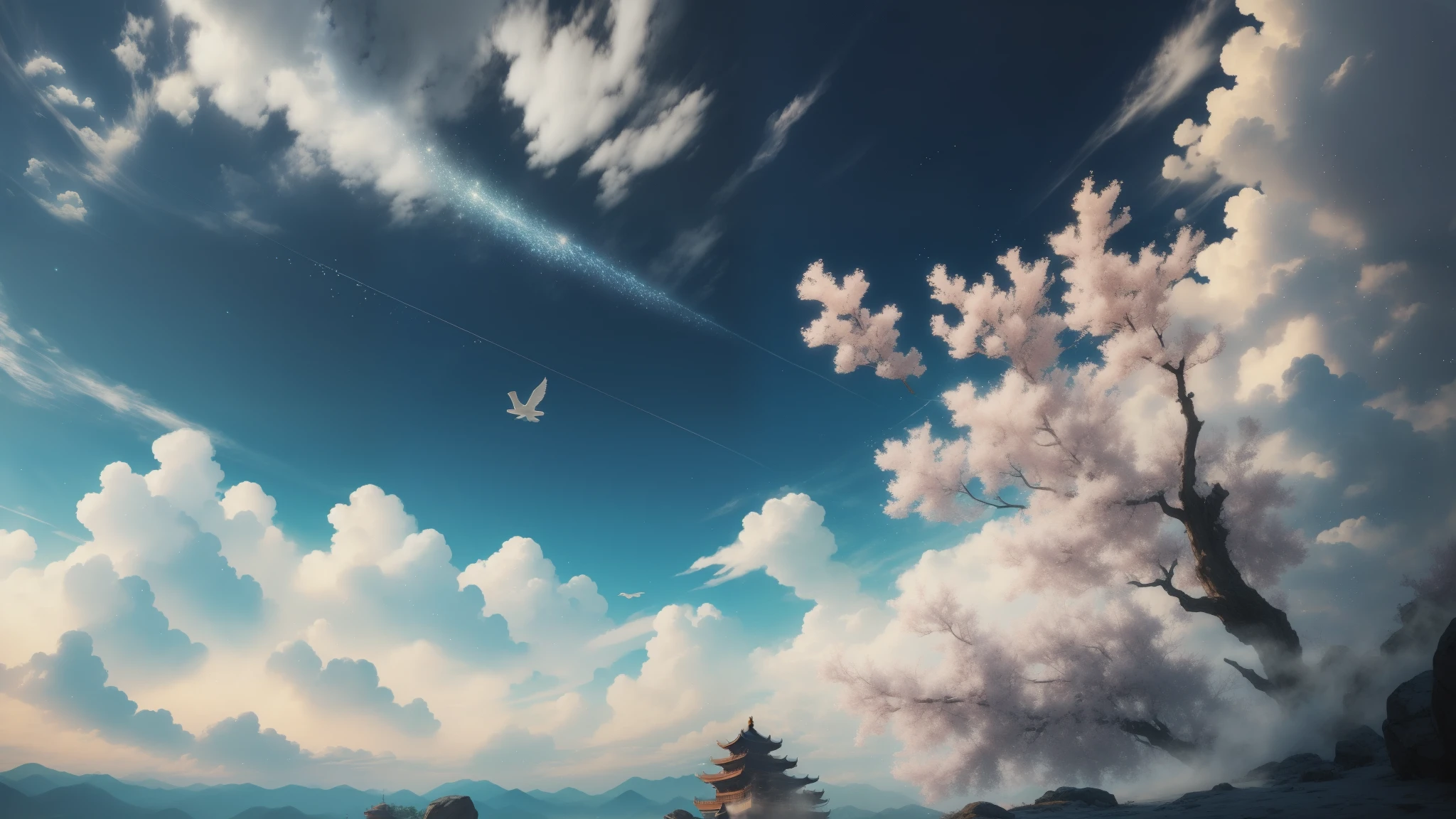 In this surreal dream, 四个飘逸的精spirit优雅地漂浮在云端, Bask in the gentle sun. The sun casts golden light onto the scene, Let the sky shine. The clouds are getting farther and farther away, reveal a vast, Clear blue sky dotted with fluffy white tufts. spirit, with translucent wings, dancing in the air, leaving a trail of sparkling stardust in their wake. 他们空spirit的身体在太阳的映衬下被勾勒出来, Create a mesmerizing scene. The scene is full of intricate details, From the delicate pleats on the robe to the intricate patterns on the body