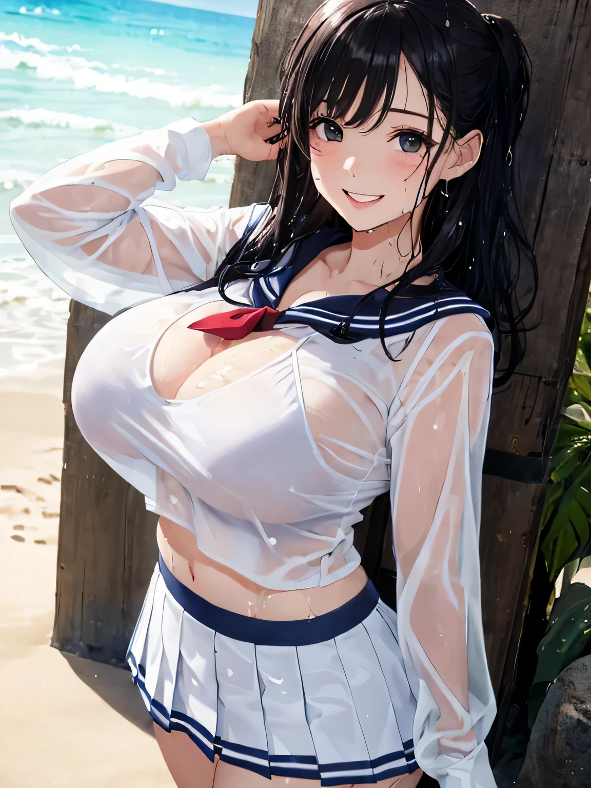 highest quality、High resolution、detailed background、Super detailed、beautiful and detailed face、beautiful and smooth skin、skin texture、professional lighting、Beautiful age girl、(huge breasts:1.3)、black hair、cuteポニーテール、((white thin sailor shirt、Wet白い薄いプリーツのミニスカート、sleeveless))、sleeveless、emphasize the chest、emphasize cleavage、emphasize the underboob、legs open、panty shot、cute、Raise your arms and show your sides、Thin white panties、lying on the beach、No bra、
全身がWet、My clothes are Wet and transparent、Wet、soak in water、See through、
He looked at me with a happy expression.、seems to be happy、sexual expression、panty shot、camel toe