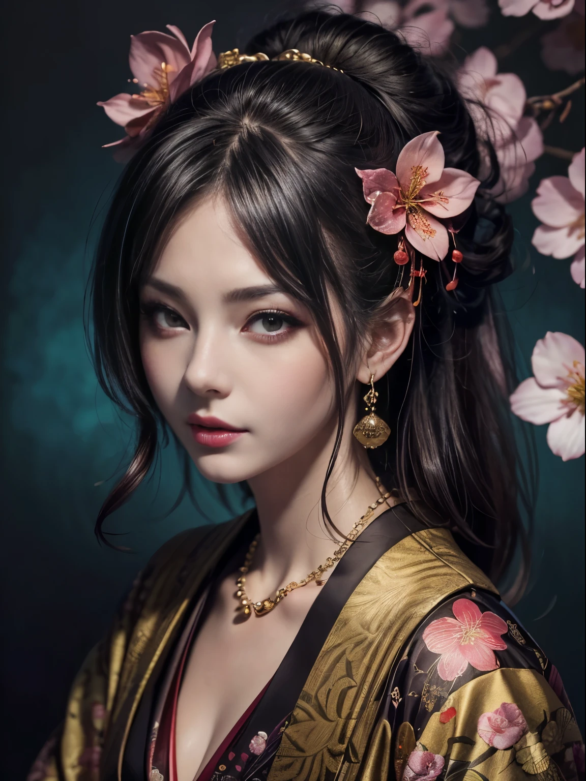 highest quality,master piece:1.2,Detailed details,(highly detailed face,real photos,realistic skin,realistic body,intricate details),solo,1 milf,casual,Ukiyo-e,(watercolor:1.3),Oiran, whole body , flashy hair ornament , bright background , jeweled kimono , cherry blossoms , peach blossom