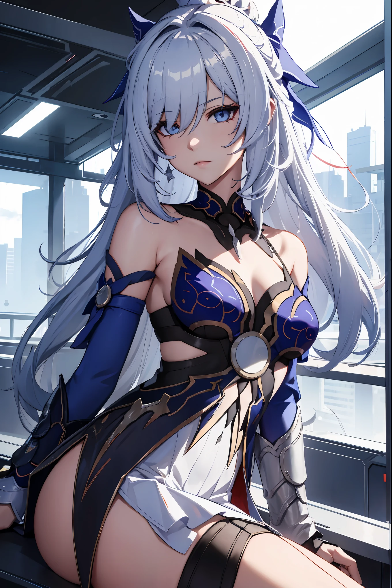 masterpiece, best quality, very aesthetic, absurdres, 1girl, mature_lady,,1girl, jingliu \(honkai: star rail\), honkai: star rail, long hair, white hair, red eyes, breasts, bare shoulders, detached sleeves, gloves, black gloves, high ponytail, dress,by the railway,blur background,background defocus,from behind