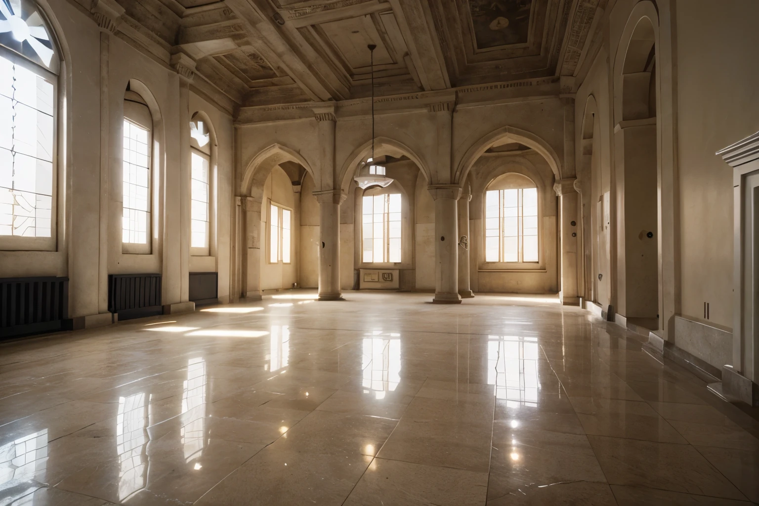 ((Star Wars)), university halls, empty of studends, high class, baroque, illuminated by the sun
