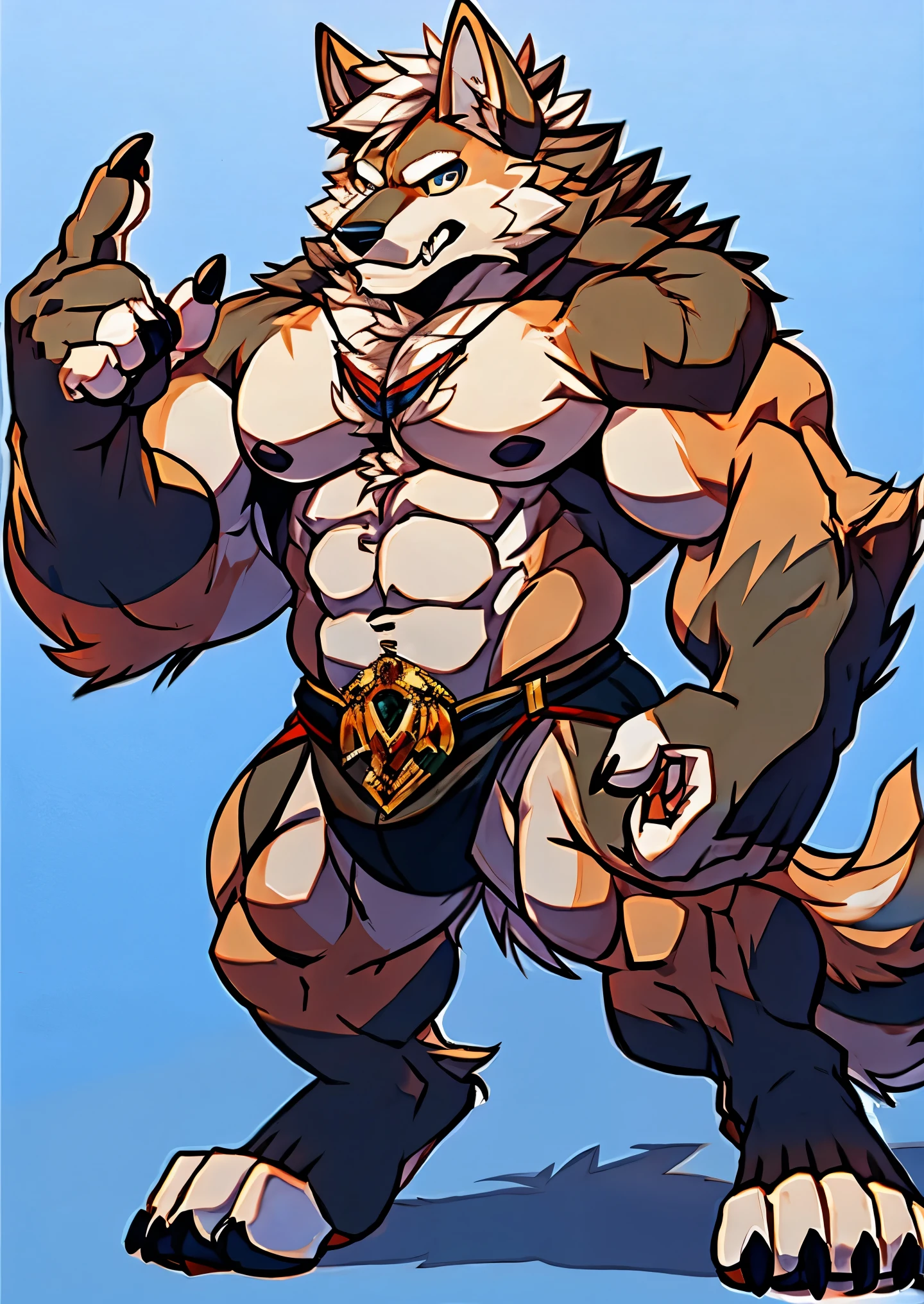 Human-wolf,musculous,Hairy all over,clawed paws,erect through