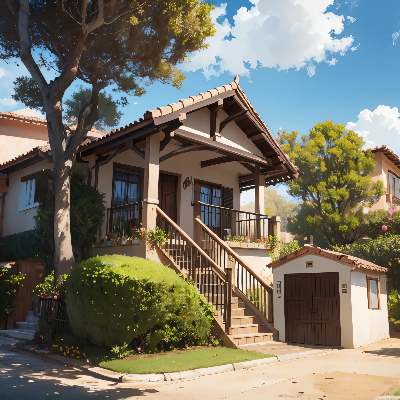 Uma casa colorida cheia de flores, surrounded by a road with dry leaves and dry trees gray sky Disney pixar style