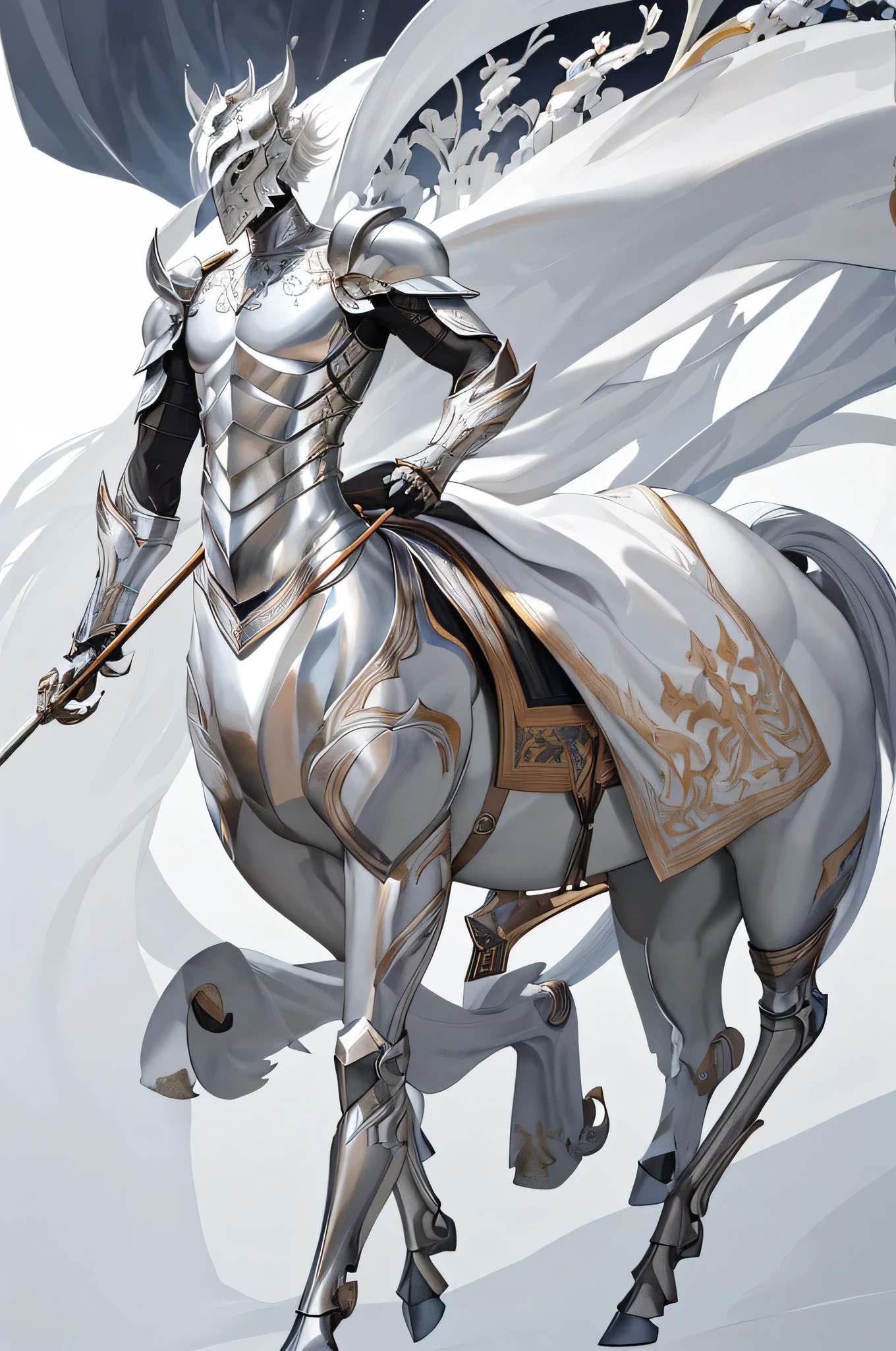 1 male  centaur knight，white horse lower body ,anatomy correct, (Exquisite helmet)，silver armor，Delicate pattern，Oriental elements，Ink painting style, Clean colors,silver space, Soft lighting, ( Bokeh)，Masterpiece, Super detailed, Epic composition, Highest quality, 4K，full body