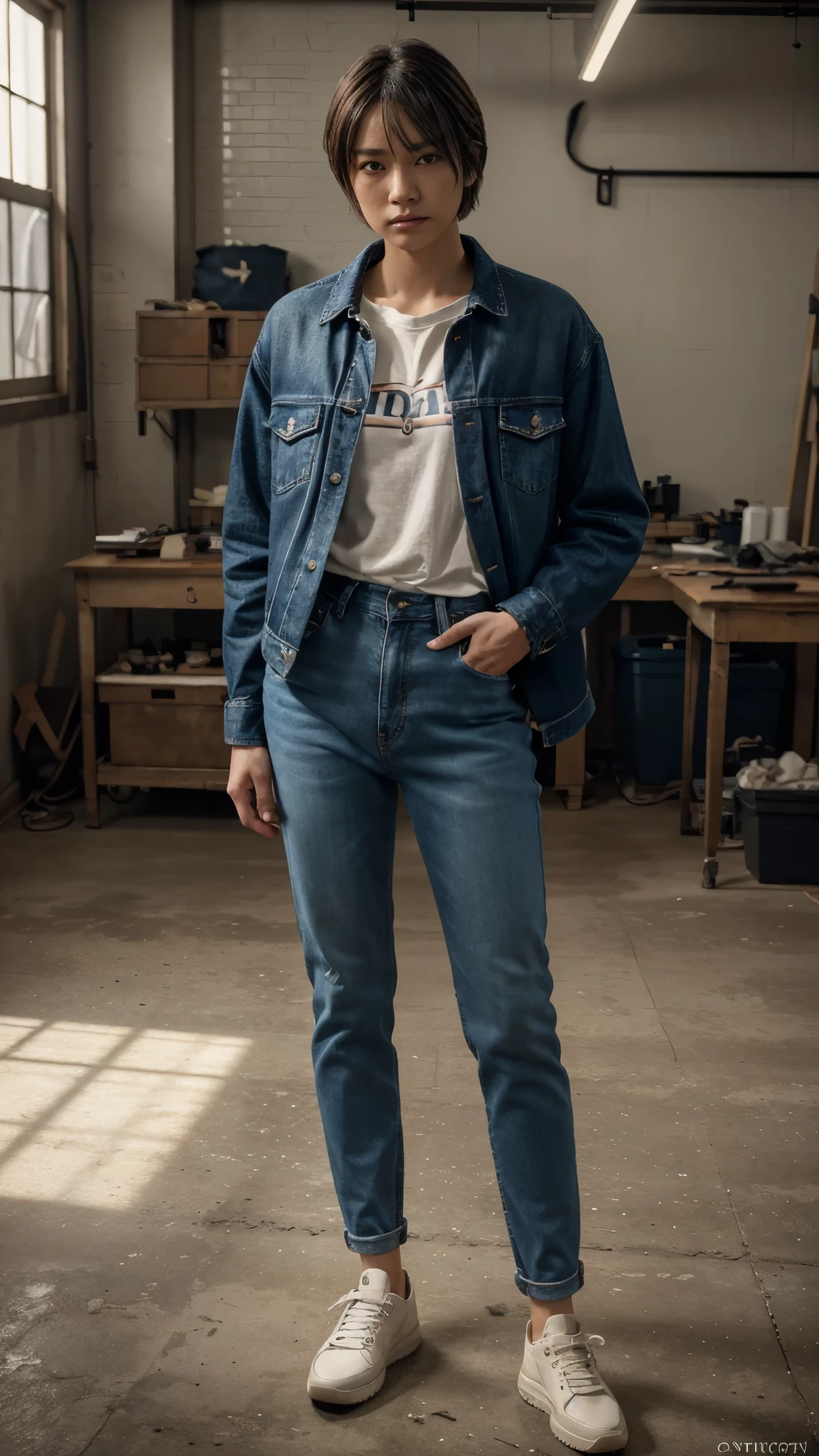 {{masterpiece, best quality, extremely detailed CG, unity 8k wallpaper, cinematic lighting, }}, Sony α7, wide frame, A short haired Japanese girl crossdressing as a man wearing man's jacket, shirt, long jeans, and shoes standing in a workshop with cool pose and fierce expression, body facing straight to the camera.