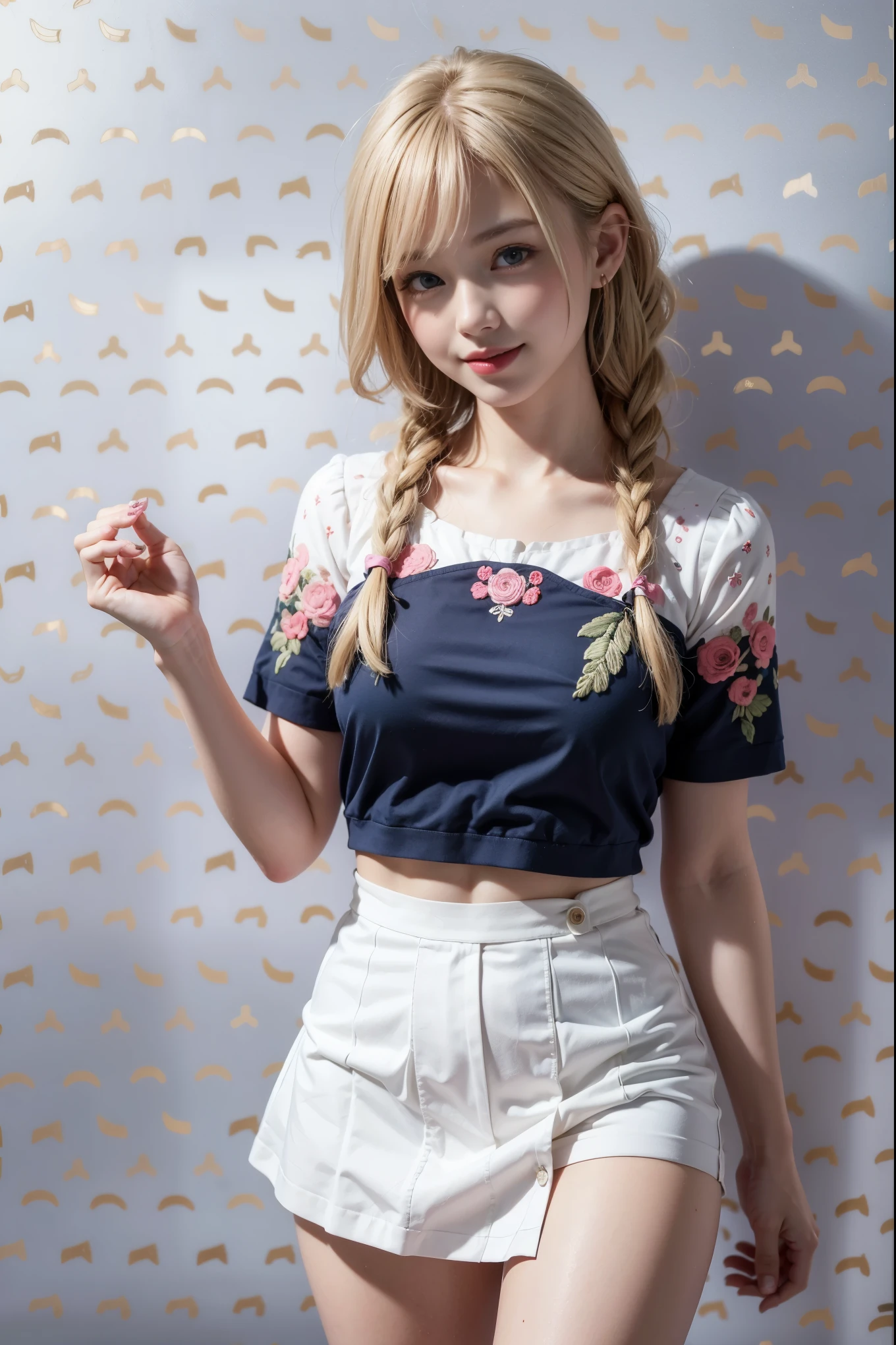 front focus:1.8,(8K RAW photo,Live shooting, highest quality, masterpiece:1.37), extreme light and shadow,cowboy shot,（(1 woman)）,japanese idol,（alone）, 3D,BREAK（(looking at the viewer）:1.8）,POV, perfect anatomy,BREAK（(blond hair）,（blond Dutch braid)）,Hanging bangs:1.4,blue eyes, blush, (grin and laugh:0.5), (Happy:0.9),big breasts, rocket bit, BREAK（standing pose,open legs）,BREAK（(knee-length navy blue Cut and sew） , (with sheer short sleeves:1.05),（white and pink floral embroidery Cut and sew）, （a small round neckline)）, BREAK（white and pink floral embroidery off_white micro flare mini skirt）,BREAK (white simple pattern wallpaper:1.5),