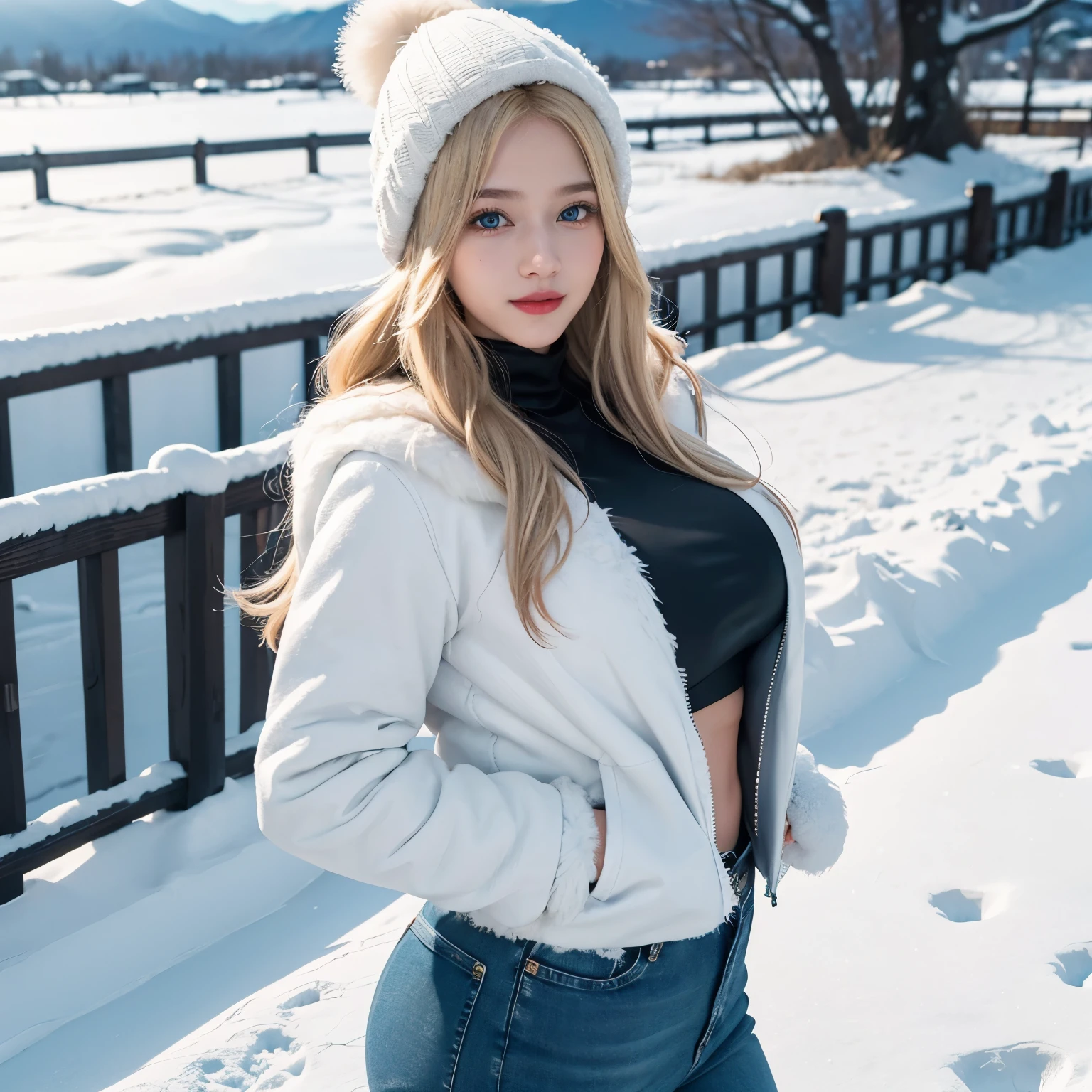 1girl, (Blue Eyes), (smiling), (Sana Minatozaki), wide hips, Big tits, big ass, (Best Quality, 8k, Masterpiece: 1.3), Clear Focus: 1.2, Perfect Body Beauty: 1.4, strong abs :1.2, Highly detailed face and skin texture, detailed eyes, double eyelids, black lined eyes, red lips, (blond long hair), white warm furry jacket, jeans, winter hat, standing, dynamic pose, portrait, close-up of face, in Fujiyoshida Japan, snowy day, snow on the ground, Mount Fuji in the background