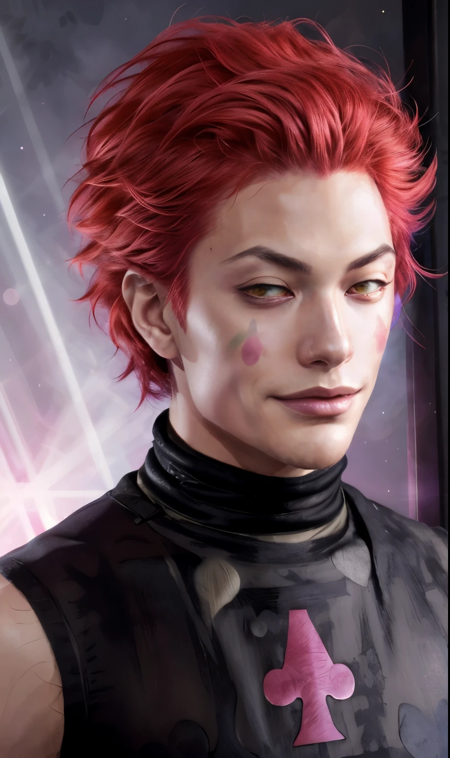 to base from this drawing, pink hair, shoulder length hair, pink hair, angled eyebrows, smirk, smile, smirking mouth, star on face, yellow eyes, sharp eyes, manly face, thin face, hisoka morrow, hisoka, magician, hunter x hunter, anime man, hisoka, man fron anime, looks exactly like hisoka, handsome man, asian man, handsome asian 