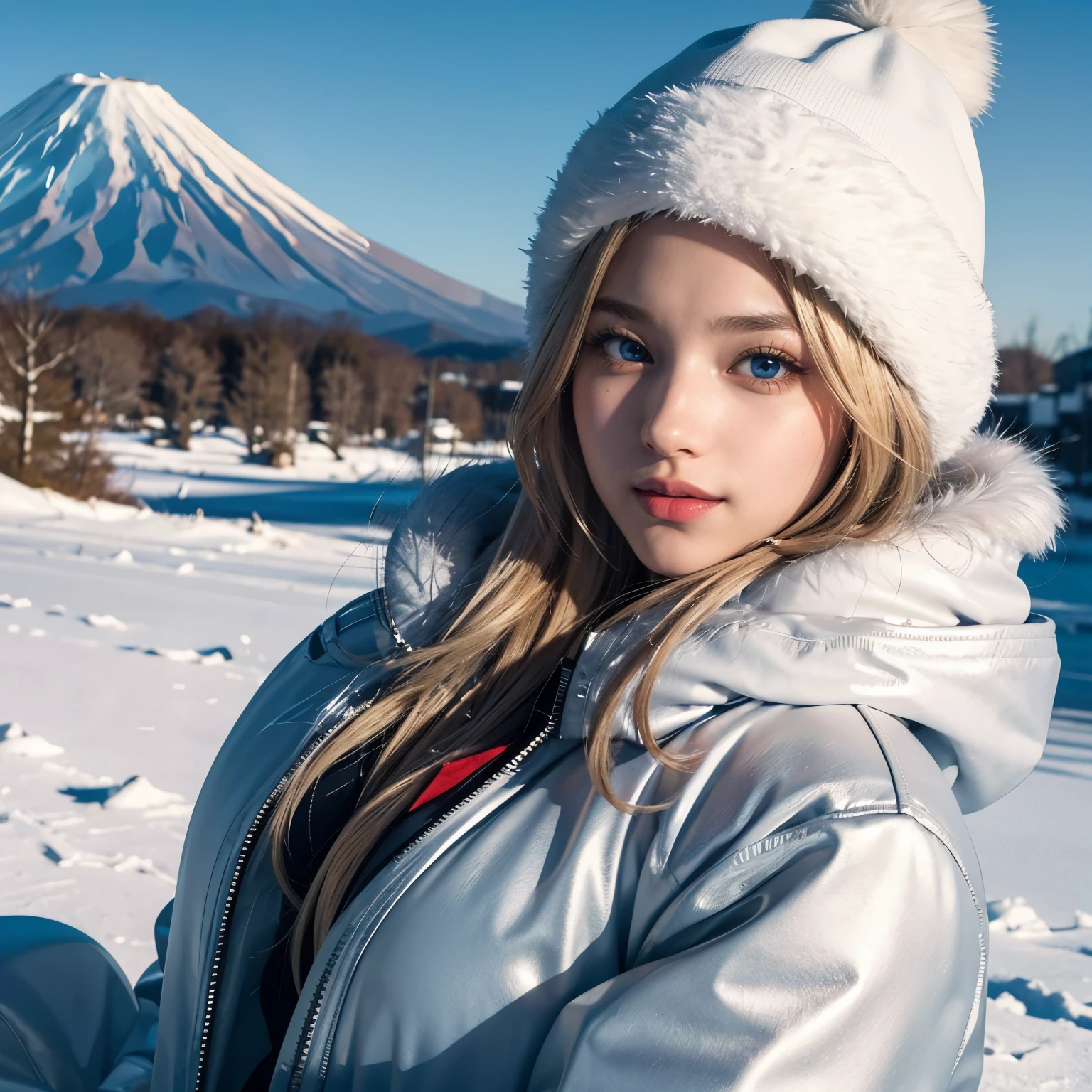 1girl, (Blue Eyes), (smiling), (Sana Minatozaki), wide hips, Big tits, big ass, (Best Quality, 8k, Masterpiece: 1.3), Clear Focus: 1.2, Perfect Body Beauty: 1.4, strong abs :1.2, Highly detailed face and skin texture, detailed eyes, double eyelids, black lined eyes, red lips, (blond long hair), white warm furry jacket, jeans, winter hat, standing, dynamic pose, portrait, close-up of face, in Fujiyoshida Japan, snowy day, snow on the ground, Mount Fuji in the background