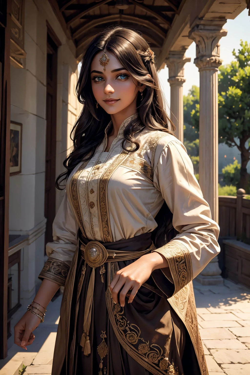 A stunning Indian beauty, with dark brown-black long wavy long hair, with mesmerizing feature with a Hopeful smiling expression, finely detailed eyes, happy mood masterpiece, top quality, best quality, official art, beautiful and aesthetic:1.2), (1girl), extreme detailed,(fractal art:1.3), colorful, highest detailed, (masterpiece, best quality:1.3) 1 bright-green-eyed woman, professional digital painting, Unreal Engine 5. In a 1920 setting, holding lavender flowers at a Lavender flower farm, wearing 1930 style clothing, South-Indian woman, olive-skinned woman, masterpiece, top quality, best quality, official art, beautiful and aesthetic:1.2), (1girl), extreme detailed,(fractal art:1.3), colorful, highest detailed, (masterpiece, best quality:1.3) 1 green-eyed woman, professional digital painting, Unreal Engine 5. Wearing embroidered linen blouse, Wearing long pleated skirt, Wearing Moleskin Field Jacket. Long hair, hopeful expression, finely detailed eyes, smiling, epic scene, epic composition, Cinematic Lighting, Volumetric Lighting, ethereal light, intricate details, extremely detailed volumetric rays. Green Eyes. [Beautiful girl, linen shirt and pants, oil painting, Detailed facial features, Sunlight, bright colors, dramatic lighting, expressive eyes and lips, High Resolution, 4K quality, Photorealistic] 1920 clothing, 1930 clothing,
