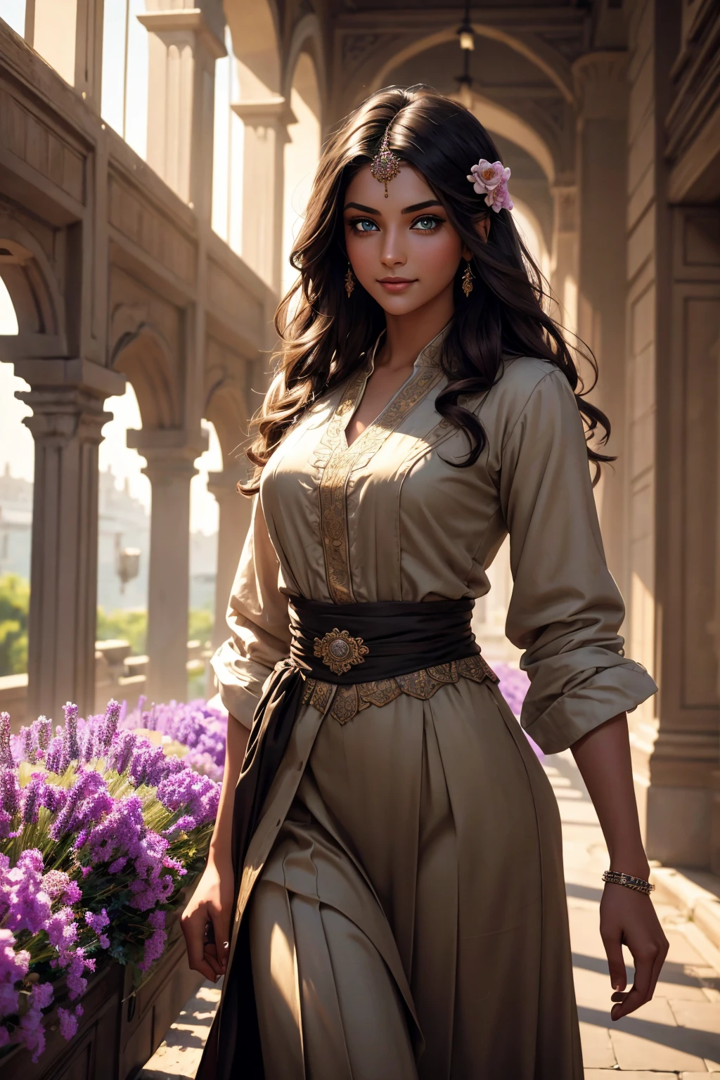 A stunning Indian beauty, with dark brown-black long wavy long hair, with mesmerizing feature with a Hopeful smiling expression, finely detailed eyes, happy mood masterpiece, top quality, best quality, official art, beautiful and aesthetic:1.2), (1girl), extreme detailed,(fractal art:1.3), colorful, highest detailed, (masterpiece, best quality:1.3) 1 bright-green-eyed woman, professional digital painting, Unreal Engine 5. In a 1920 setting, holding lavender flowers at a Lavender flower farm, wearing 1930 style clothing, South-Indian woman, olive-skinned woman, masterpiece, top quality, best quality, official art, beautiful and aesthetic:1.2), (1girl), extreme detailed,(fractal art:1.3), colorful, highest detailed, (masterpiece, best quality:1.3) 1 green-eyed woman, professional digital painting, Unreal Engine 5. Wearing embroidered linen blouse, Wearing long pleated skirt, Wearing Moleskin Field Jacket. Long hair, hopeful expression, finely detailed eyes, smiling, epic scene, epic composition, Cinematic Lighting, Volumetric Lighting, ethereal light, intricate details, extremely detailed volumetric rays. Green Eyes. [Beautiful girl, linen shirt and pants, oil painting, Detailed facial features, Sunlight, bright colors, dramatic lighting, expressive eyes and lips, High Resolution, 4K quality, Photorealistic] 1920 clothing, 1930 clothing,
