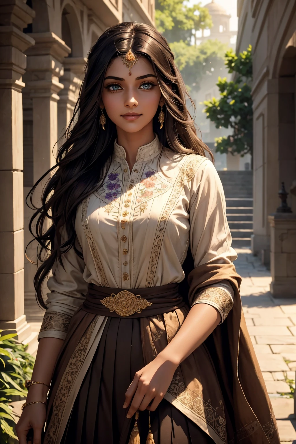 A stunning Indian beauty, with dark brown-black long wavy long hair, with mesmerizing feature with a Hopeful smiling expression, finely detailed eyes, happy mood masterpiece, top quality, best quality, official art, beautiful and aesthetic:1.2), (1girl), extreme detailed,(fractal art:1.3), colorful, highest detailed, (masterpiece, best quality:1.3) 1 bright-green-eyed woman, professional digital painting, Unreal Engine 5. In a 1920 setting, holding lavender flowers at a Lavender flower farm, wearing 1930 style clothing, South-Indian woman, olive-skinned woman, masterpiece, top quality, best quality, official art, beautiful and aesthetic:1.2), (1girl), extreme detailed,(fractal art:1.3), colorful, highest detailed, (masterpiece, best quality:1.3) 1 green-eyed woman, professional digital painting, Unreal Engine 5. Wearing embroidered linen blouse, Wearing long pleated skirt, Wearing Moleskin Field Jacket. Long hair, hopeful expression, finely detailed eyes, smiling, epic scene, epic composition, Cinematic Lighting, Volumetric Lighting, ethereal light, intricate details, extremely detailed volumetric rays. Green Eyes. [Beautiful girl, linen shirt and pants, oil painting, Detailed facial features, Sunlight, bright colors, dramatic lighting, expressive eyes and lips, High Resolution, 4K quality, Photorealistic] 1920 clothing, 1930 clothing,
