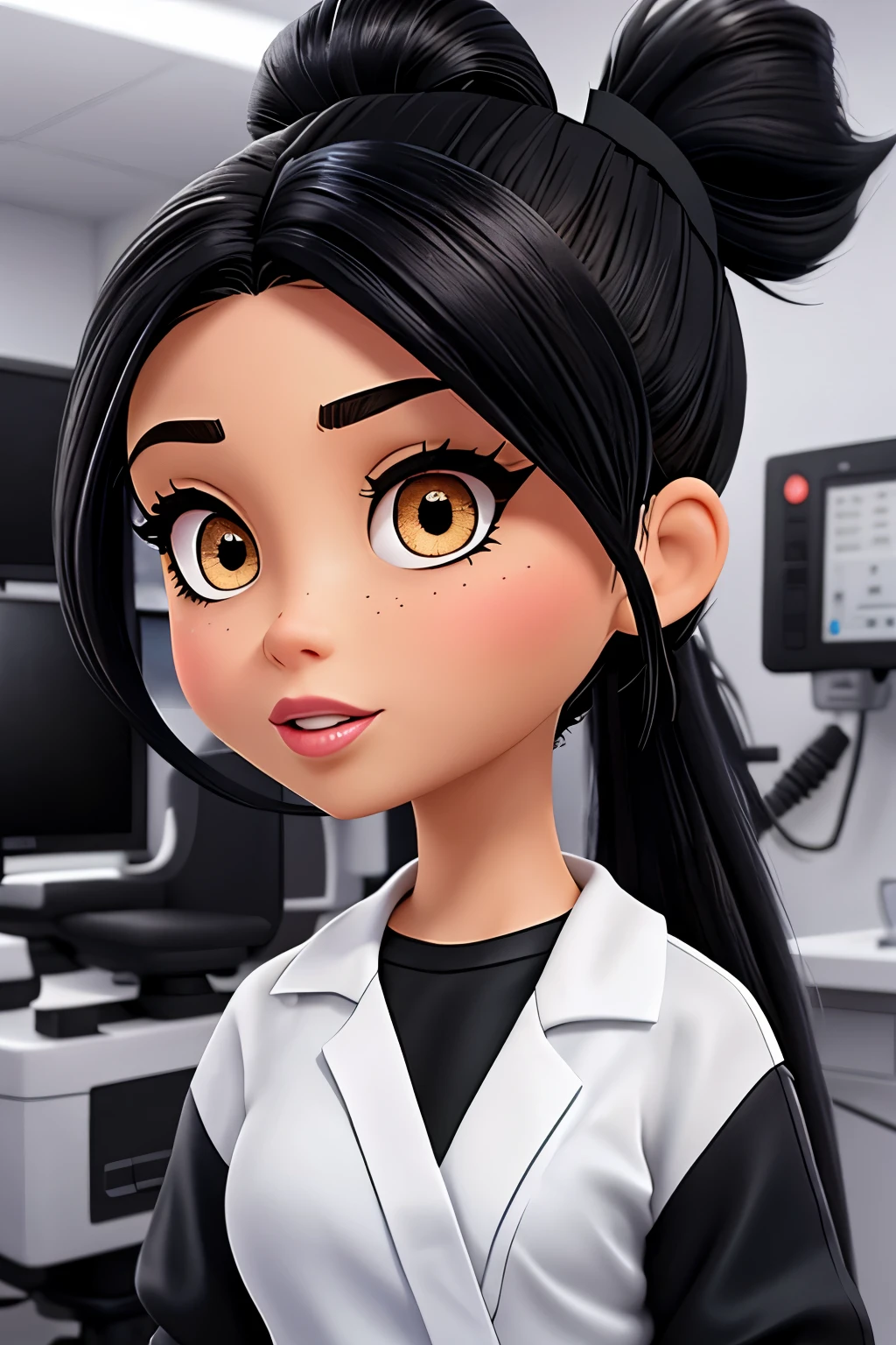 Bratz, black ponytail hair , pelo lacio, ojos color negros, long eyelashes, with surgical gown on , cubrebocas
