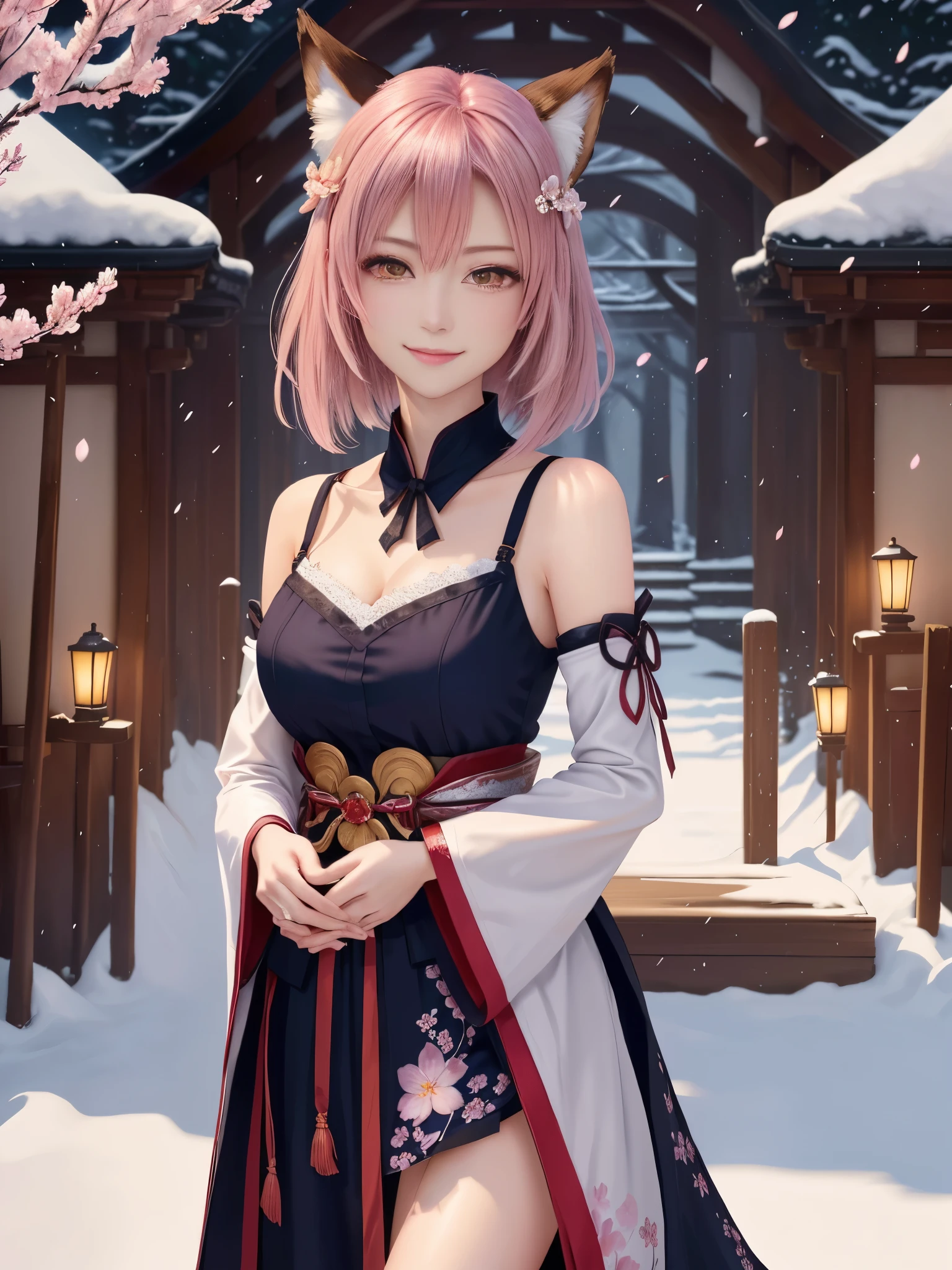 masterpiece , best quality,smile,smile,small face,shoulder exposure,less cleavage exposure,light pink hair,slender body shape,brown eyes,sharp contrast,short hair,Beautiful short hair,Berry Short,short cut hair,just one person,precision quality,Faithfully reproduced eyes, 一面に咲くcherry blossom background,snow scene,masterpiece, 幻想的なcherry blossom background,night,nightの背景,cherry blossom background,beautiful details, colorful, delicate details, delicate lips, intricate details, genuine, ultrargenuineista, 枝に座っている色とりどりの髪のFoxを持つ女の子:Mature, bright eyes, ,色とりどりのFox, raposa de nine tails, 三尾Fox, 三尾Fox, onmyoji detail art, beautiful fine art illustration, mythical creatures, Fox, beautiful digital art,shrine maiden,hold hands,exquisite digital illustration, mizutsune, Inspired by mythical wild web creatures, pixiv in digital art, shining light, high contrast, Mysterious,