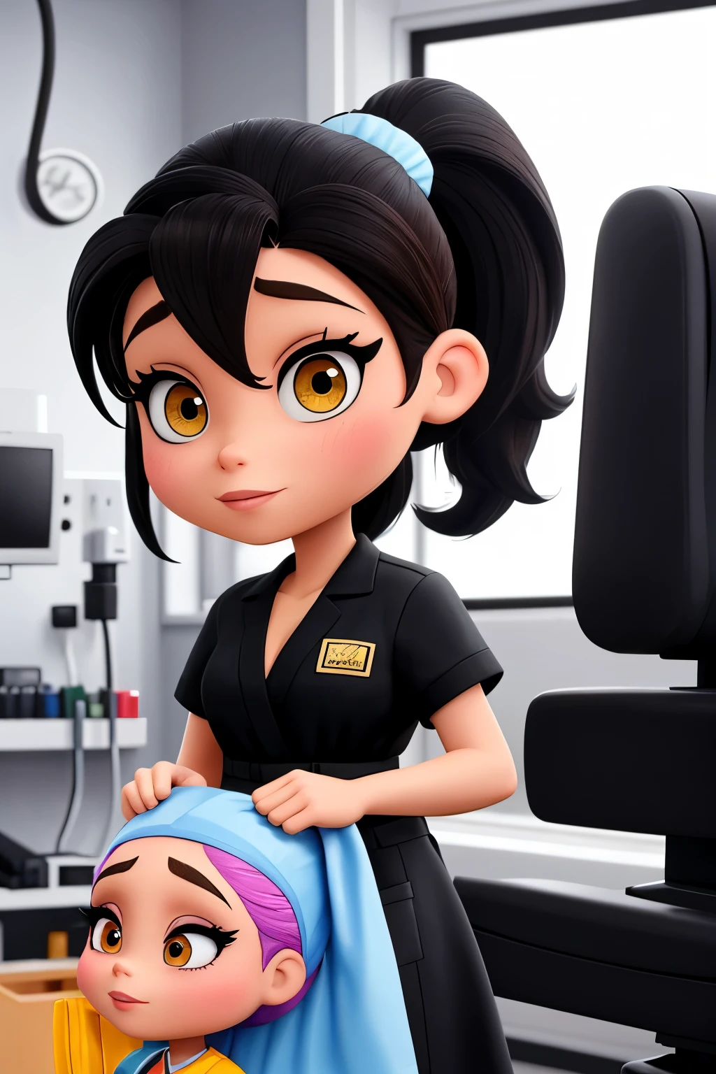 Bratz, black ponytail hair , pelo lacio,  ojos color negros, long eyelashes, with surgical gown on , cubrebocas