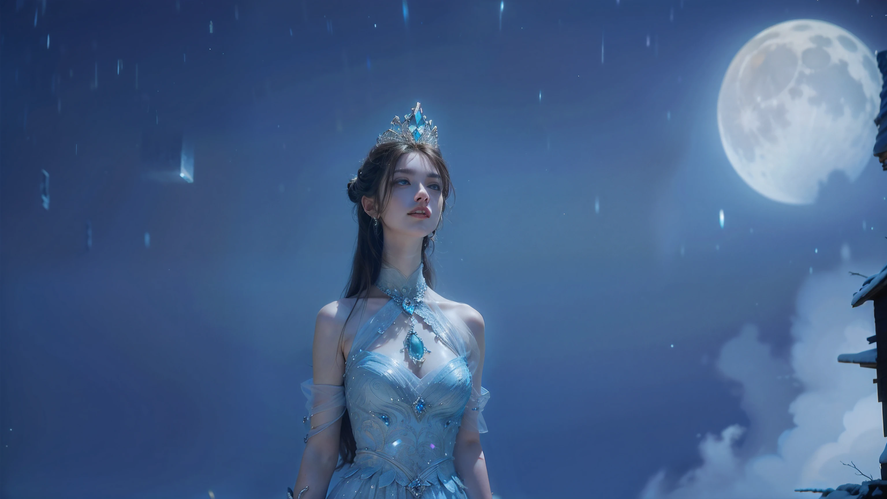 il y a une femme en robe debout devant la pleine lune, Reine de l'hiver, princesse d'hiver, Reine des glaces, ((Une belle impératrice fantastique)), déesse de l'hiver, the Reine des glaces, princesse de glace, Reine des glaces et des tempêtes, Wear a crystal fractal tiara, royal elegant pose, Une belle impératrice fantastique, Wear a tiara, inspired by Sim Sa-jeong, Milky Way