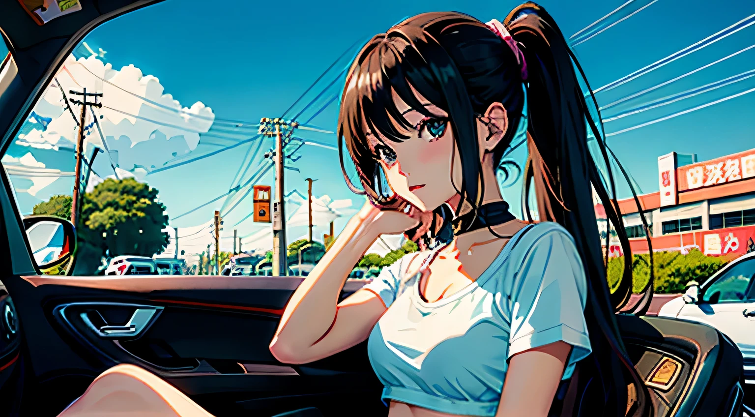 4K, A high resolution, Best quality at best, masterpiece, perfect colors, perfect shadow, perfect litthing, ((sportrait)), Anime girl sitting in car with hand on chin, Anime visuals of cute girls, Seductive Anime Girl, charming anime girls, anime styled, High quality anime art style, Beautiful anime girl, young anime girl, Anime Girl, Anime Girl with Long Hair, tight crop top, big breast, half breast open, background is Tokyo city 80s, an anime girl, Cute anime girl, face closeup